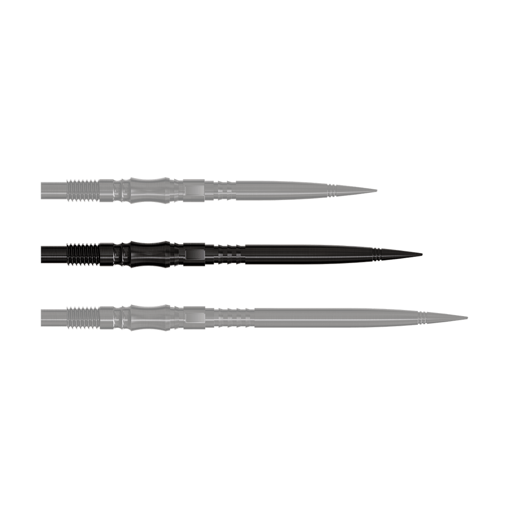 Harrows Quick Point Axis Elite Series Dartspitzen - Schwarz Axis Black Elite Series Dartspitzen in 35mm Länge sind zu sehen. Die Spitzen sind schwarz und schlank.