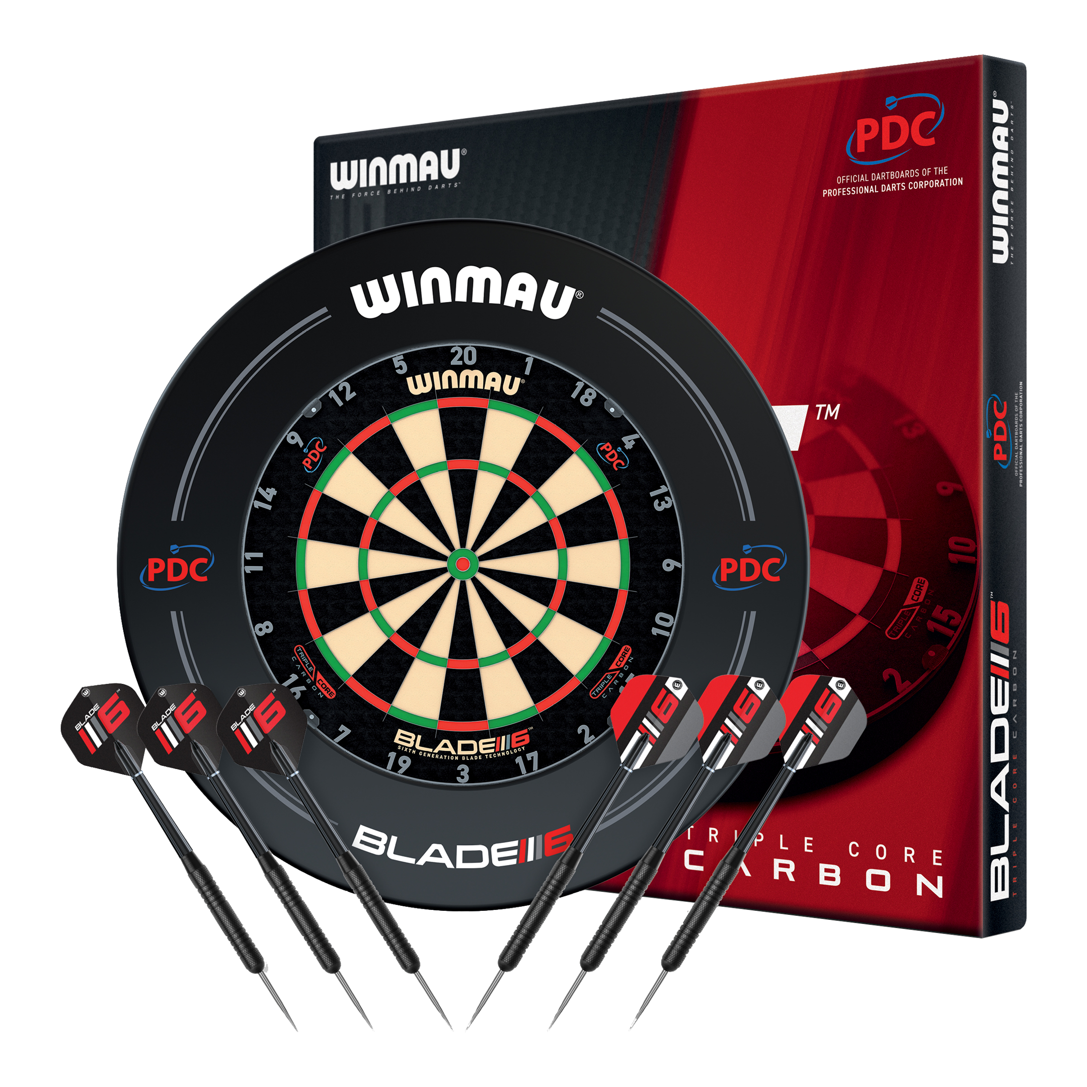 Das Bild zeigt das Winmau Blade 6 Triple Core Set mit PDC Surround und zwei Sets Darts. Dieses Dart-Set eignet sich ideal für Einsteiger und Fortgeschrittene.