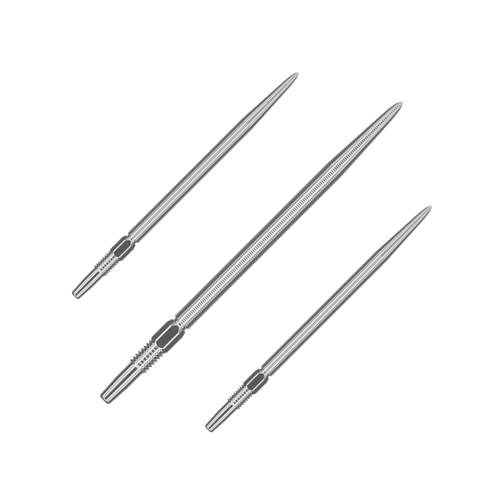 Targetové hroty Swiss Point Nano Dart - Stříbrné Das Bild zeigt drei silberne Dartspitzen, die nebeneinander angeordnet sind. Sie sind lang, schmal und haben gerillte Bereiche am hinteren Ende.