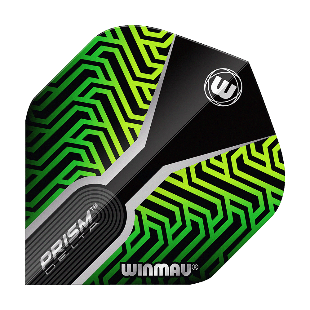 Letky Winmau Prism Delta Kairos No2 Standardní zelené Das Bild zeigt ein Dartflight mit dem Namen "Winmau Prism Delta Kairos No2 Standard Flights Grün". Das Flight hat ein auffälliges grünes und schwarzes geometrisches Muster mit dem Winmau-Logo.