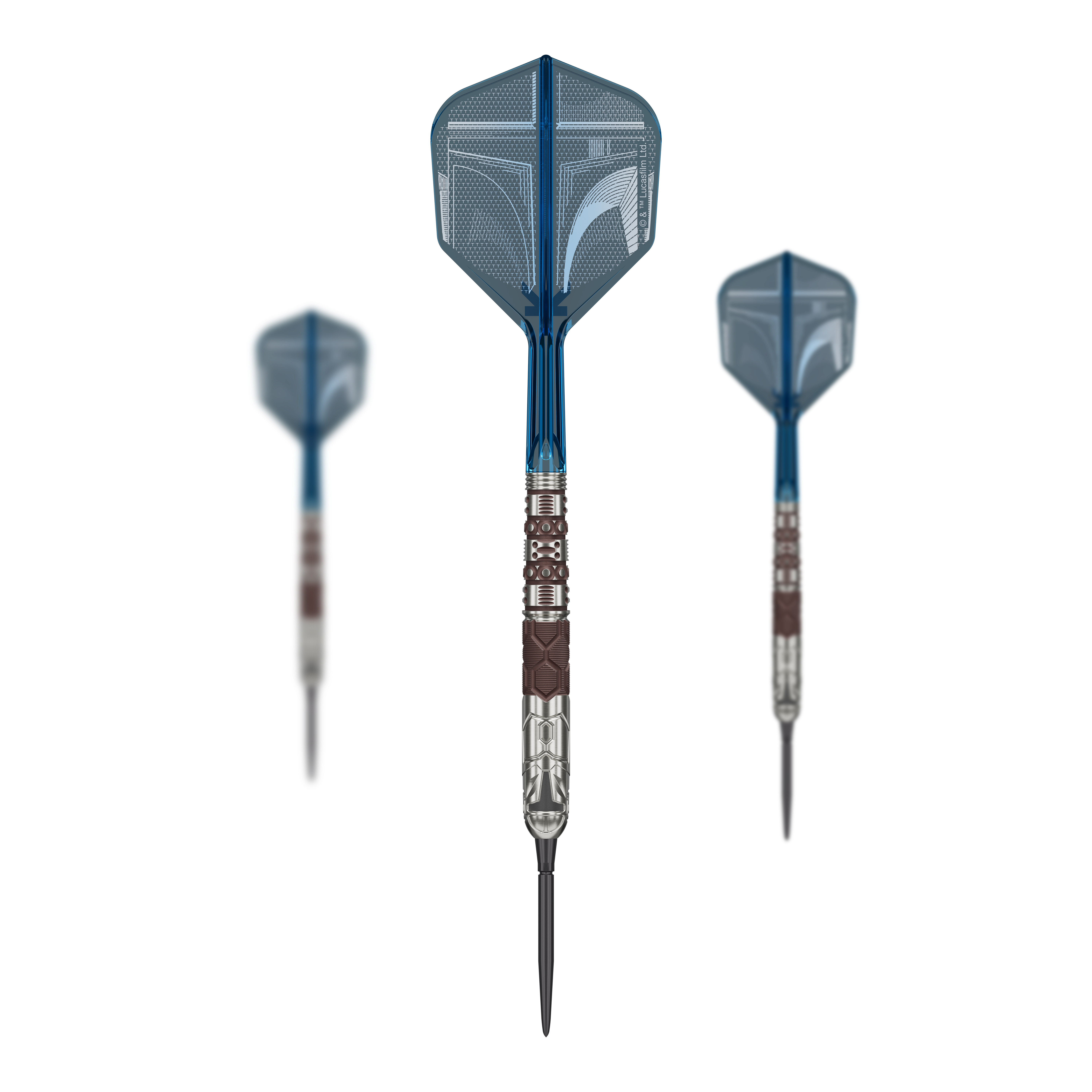 Target Star Wars Mandalorian 95 Swiss Point Steeldarts sind auf dem Bild zu sehen. Es handelt sich um spezielle Steeldarts mit Mandalorian-Design.