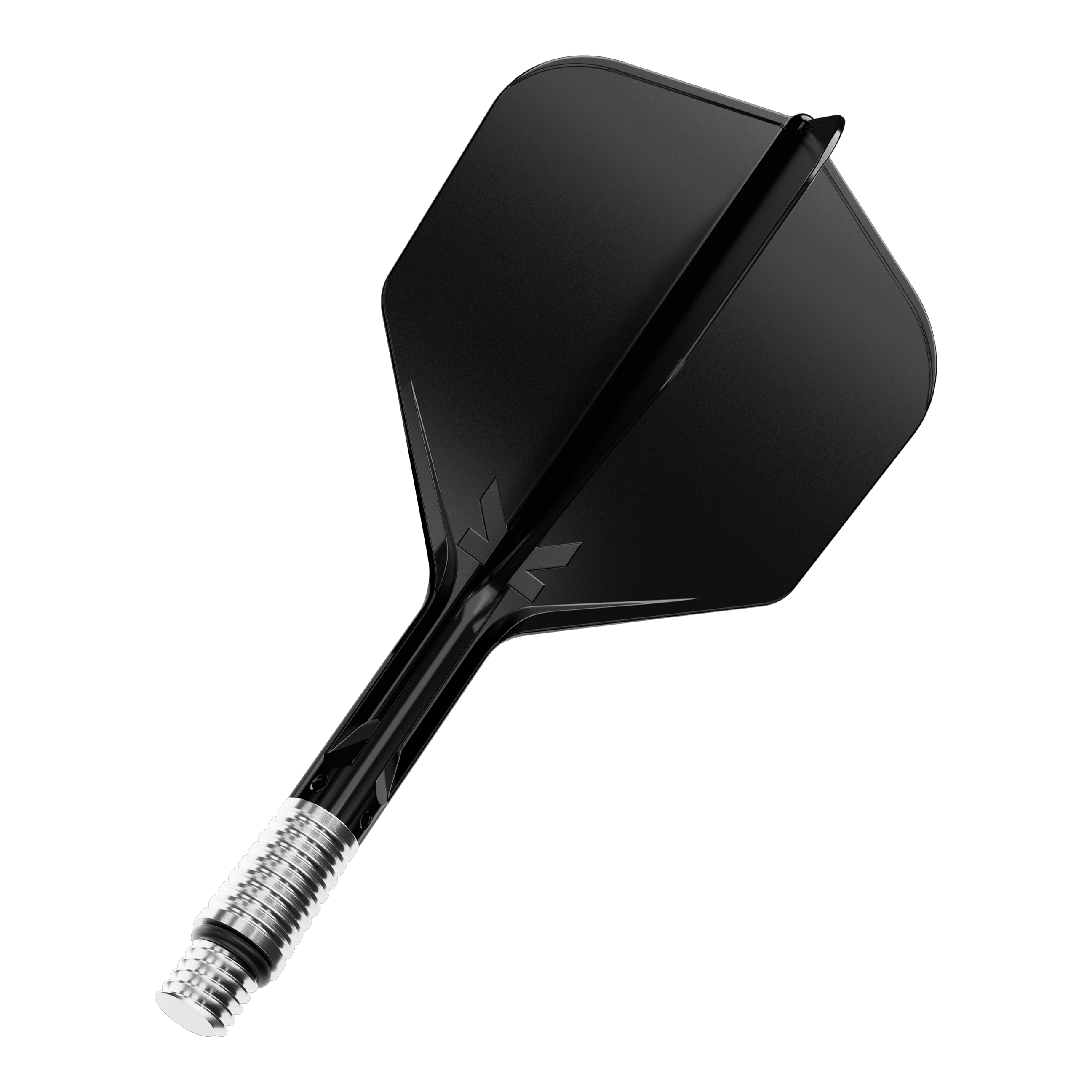 Auf dem Bild ist ein Flight für Darts in schwarzer Farbe zu sehen, Modell KShift No6, 26mm. Es handelt sich um ein Standardprodukt von Target.