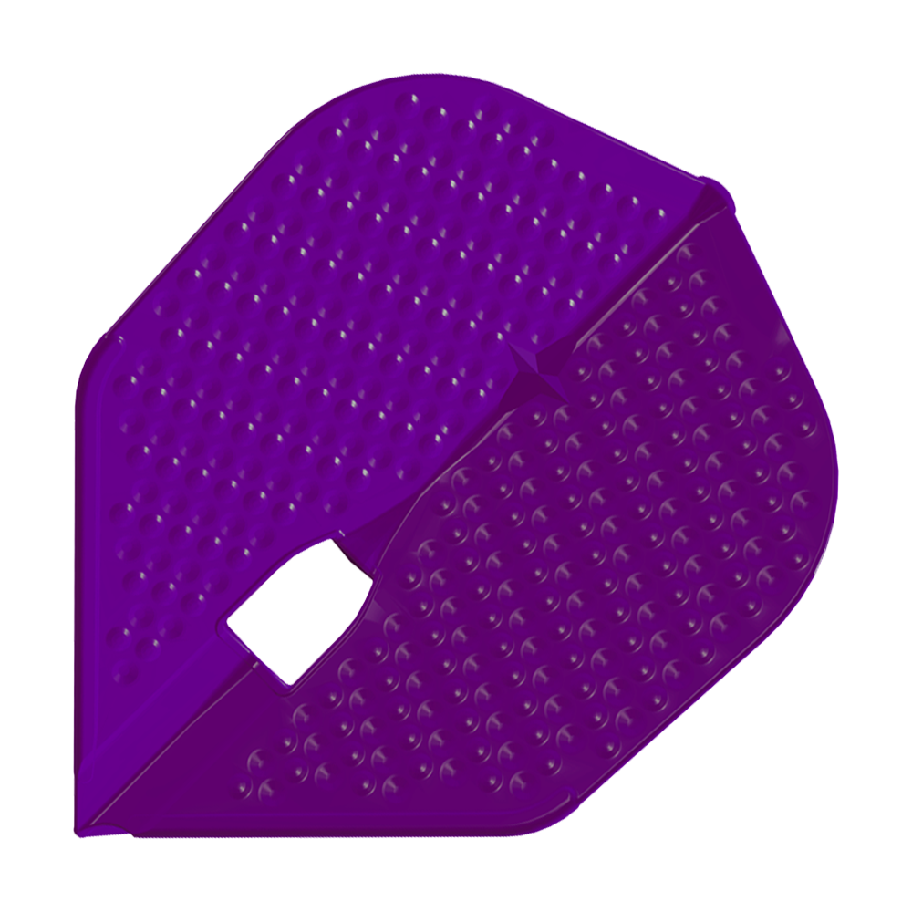 L-Style Flights Dimple Champagne L3PRO Shape Das Bild zeigt ein lila Dartflight in Dimple-Champagne-Form. Die Oberfläche ist mit vielen kleinen Vertiefungen versehen.