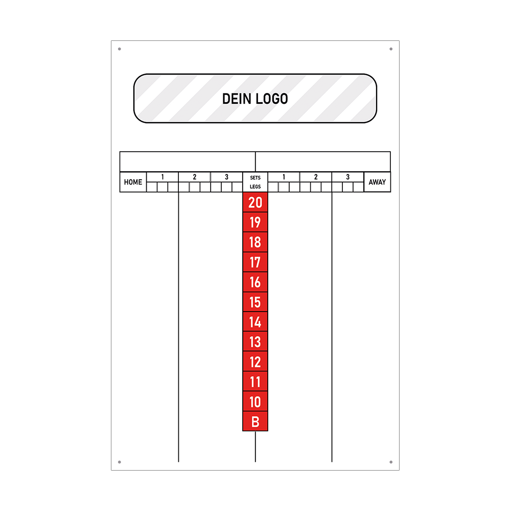 INSCORE1_Scoreboard_mit_Wunschdruck_40x60cm_Rot_2 Dies ist ein Scoreboard mit den Maßen 40 x 60 cm und individuellem Druckfeld für ein Logo. Es zeigt Spielfelder für Heim- und Auswärtsmannschaften sowie große rote Zahlen in der Mitte für die Punkteanzeige.