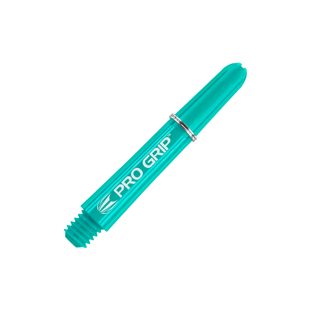 Target Pro Grip Shafts - 3 sady - Aqua Das Bild zeigt einen aqua-blauen Pro Grip Dart-Schaft mit silbernem Ring. Auf dem Schaft steht der Schriftzug „PRO GRIP“.