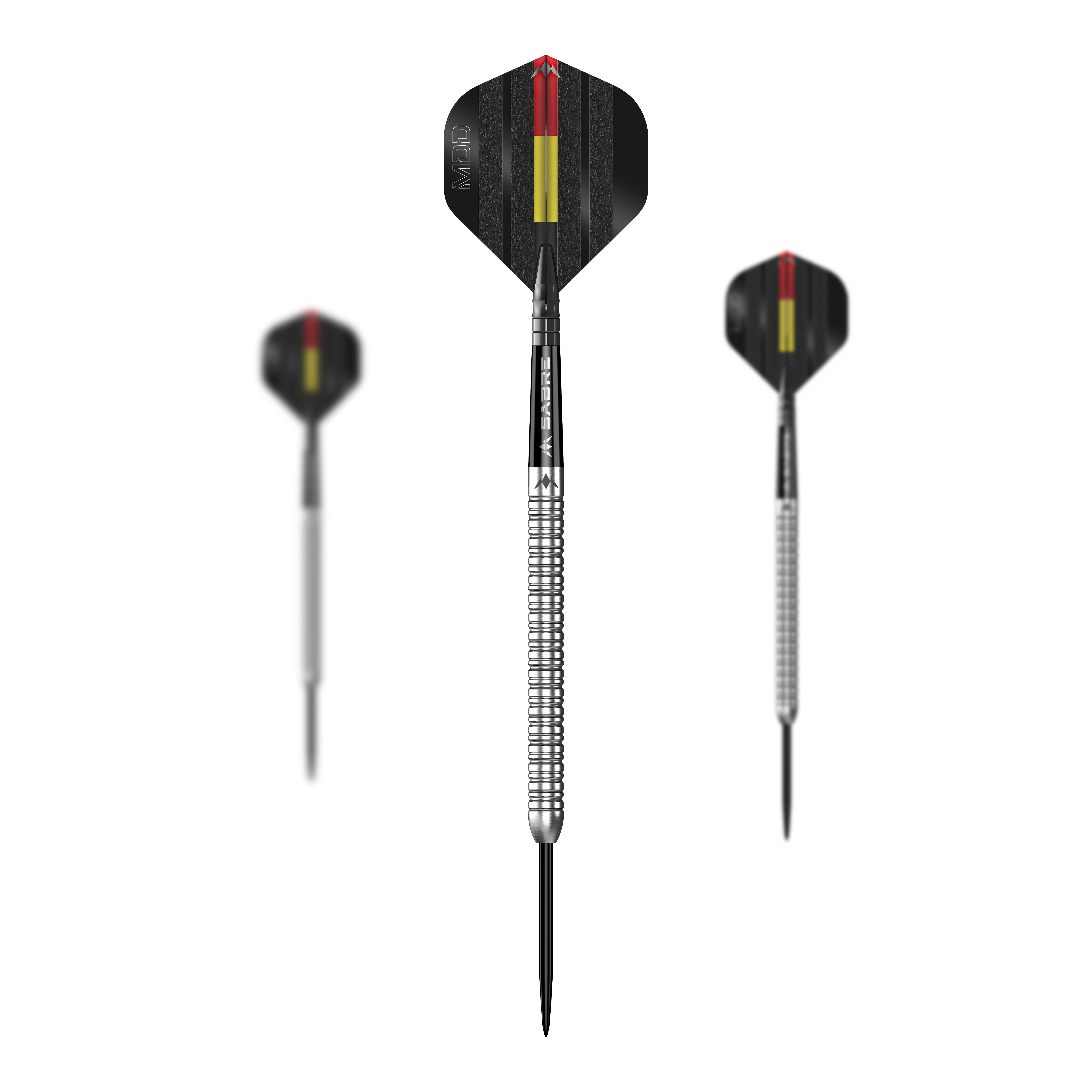 Das Bild zeigt drei silberne Steeldarts des Modells "Mission Mike De Decker MDD Silver". Die Flights sind schwarz mit roten und gelben Streifen gestaltet.