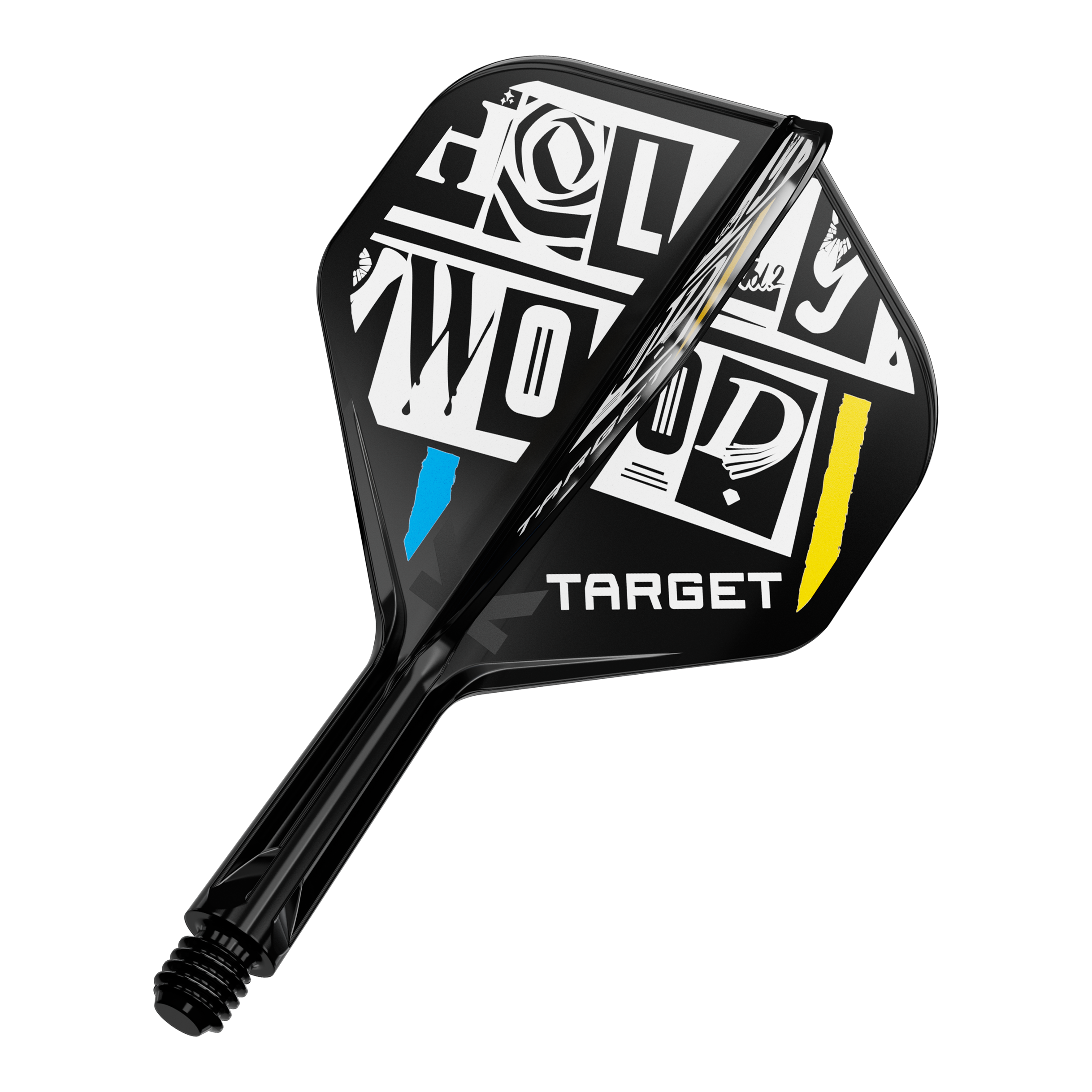 Systém standardní letové hřídele Target K-Flex Chris Dobey No2 Das Bild zeigt einen Dartpfeil-Flügel mit auffälligem schwarz-weißem Design und den farbigen Akzenten Blau und Gelb. Auf dem Flügel steht das Wort "TARGET" und ein grafisch gestalteter Schriftzug "HOLLYWOOD".