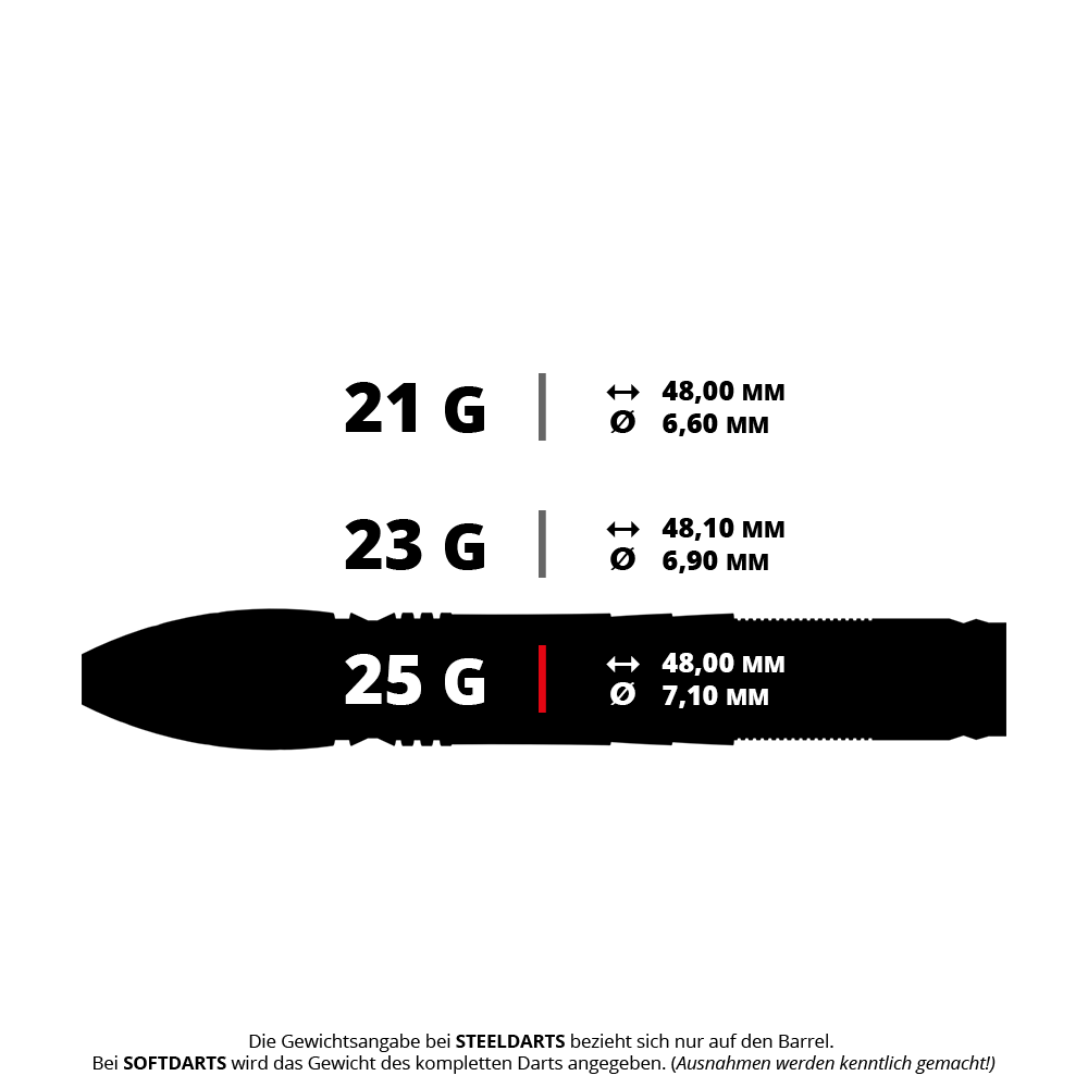 Das Bild zeigt drei verschiedene Steeldart-Modelle mit den Gewichten 21g, 23g und 25g sowie deren jeweilige Maße. Die Längen und Durchmesser der Barrels sind für jedes Gewicht angegeben.