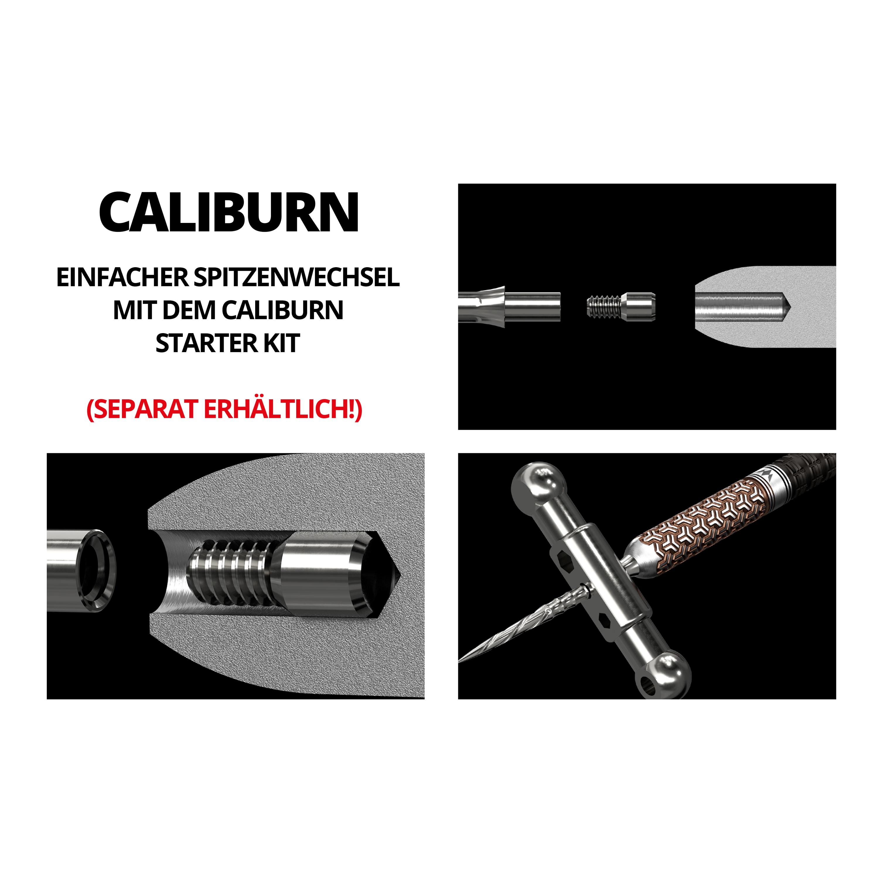 Mission Caliburn EVO System Steel Dart Tips - Spiro - No Lip - Gold - 28mm Das Bild zeigt die Steeldartspitzen "Caliburn System Spiro No Lip Gold 28mm" und ihre Einzelteile. Es werden die Montage und der Einbau der Spitzen veranschaulicht.