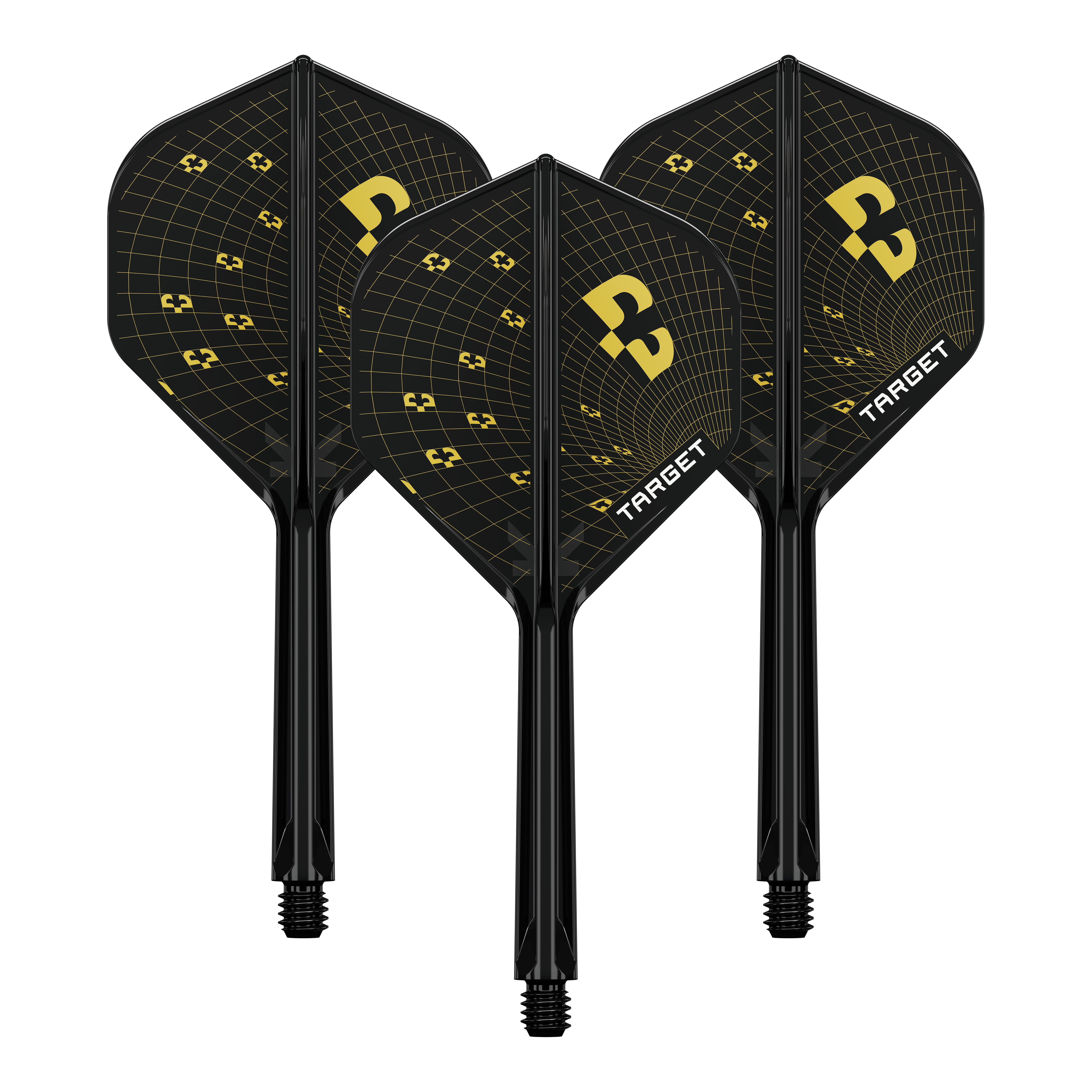 Gezeigt wird ein Set der Target K-Flex Bolide No2 Standard Flights mit einer Länge von 33mm. Die Flights sind sauber aufgereiht.