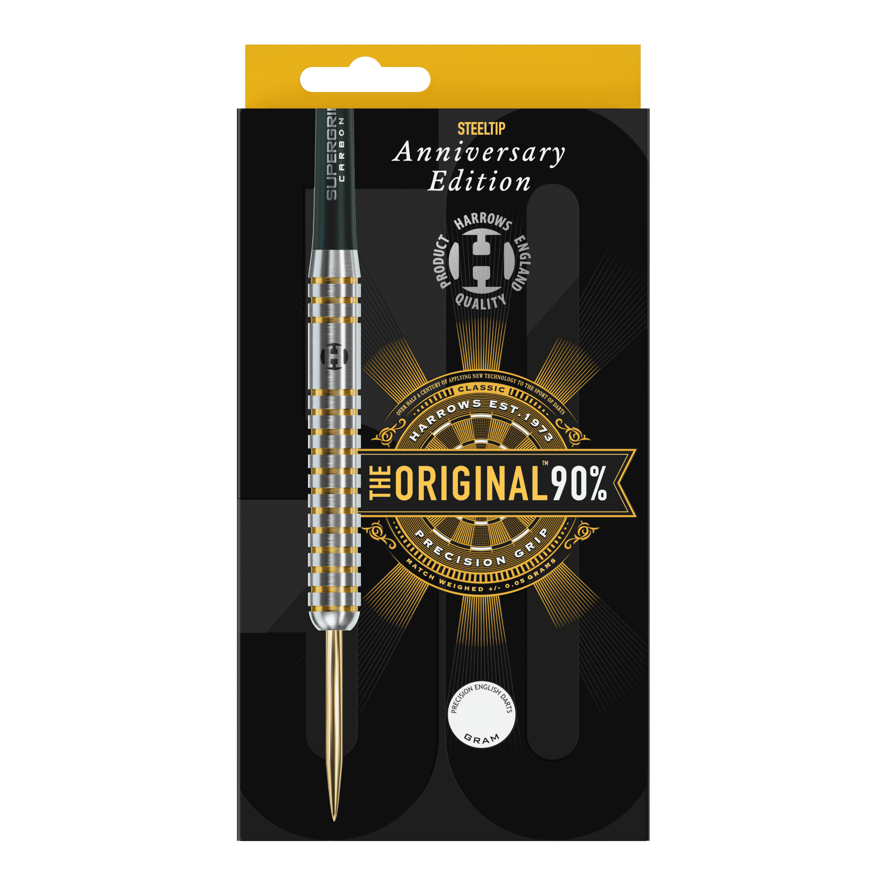 Harrows Anniversary Edition Původní Steeldarts Auf dem Bild ist eine Packung mit einem Steeldart der Marke Harrows zu sehen. Die Verpackung zeigt die Aufschrift „Anniversary Edition“ und „The Original 90%“.
