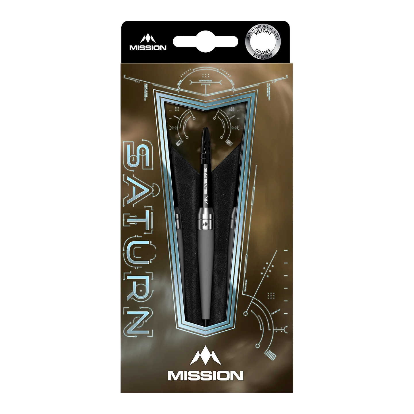 Ocelové šipky Mission Saturn Titan Das Bild zeigt die Mission Saturn Titan Steeldarts in ihrer Verpackung. Die Verpackung ist modern gestaltet und hebt den Dart in der Mitte hervor.