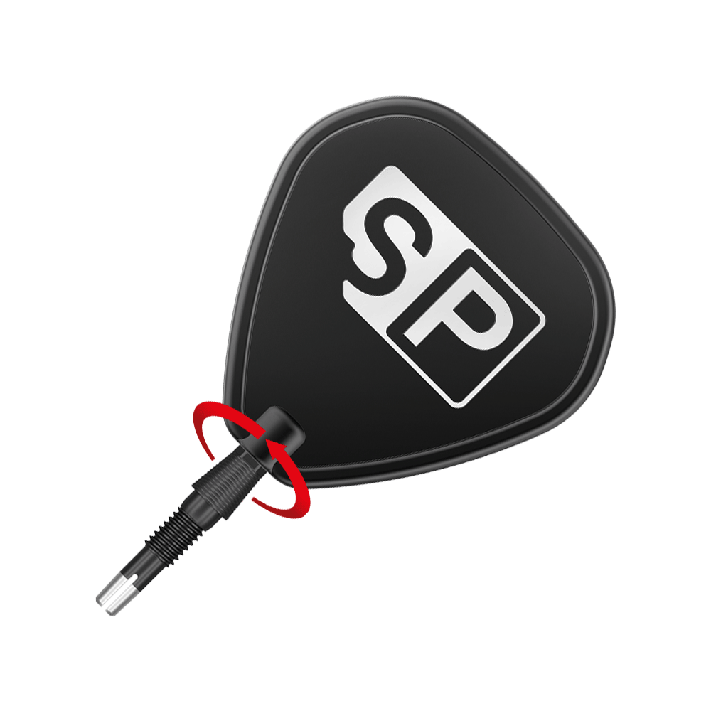 340083_Target_Swiss_Storm_Nano_Point_Dartspitzen_Schwarz_3_SP Das Bild zeigt eine schwarze Dartspitze mit dem Aufdruck "SP". Ein roter Pfeil deutet auf eine Drehbewegung am unteren Teil der Spitze hin.