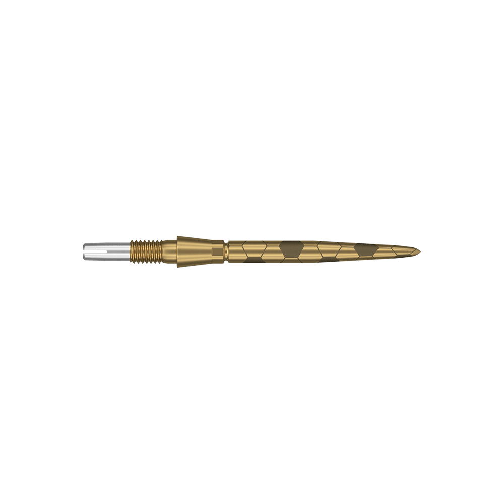 Špičky na šipky Target Swiss Storm Onyx Point - zlaté Das Bild zeigt eine goldfarbene Dartspitze mit feinen eingravierten Mustern. Sie hat eine schlanke, spitz zulaufende Form und ist 26 mm lang.