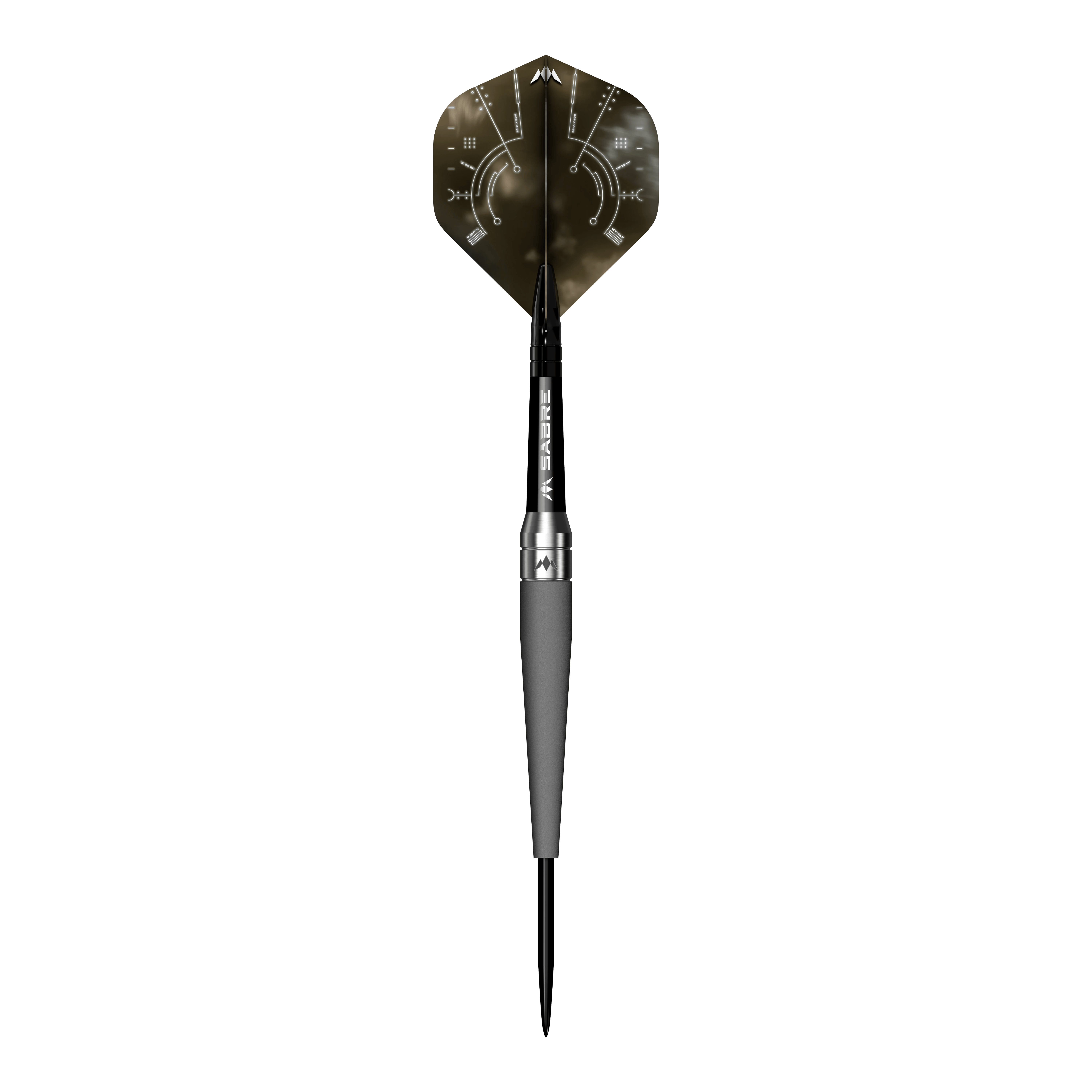 Ocelové šipky Mission Saturn Titan Das Bild zeigt einen einzelnen Steeldart mit dem Namen "Mission Saturn Titan Steeldarts". Der Dartpfeil hat ein dunkles Design mit metallischen und grafischen Elementen auf der Flugfeder.