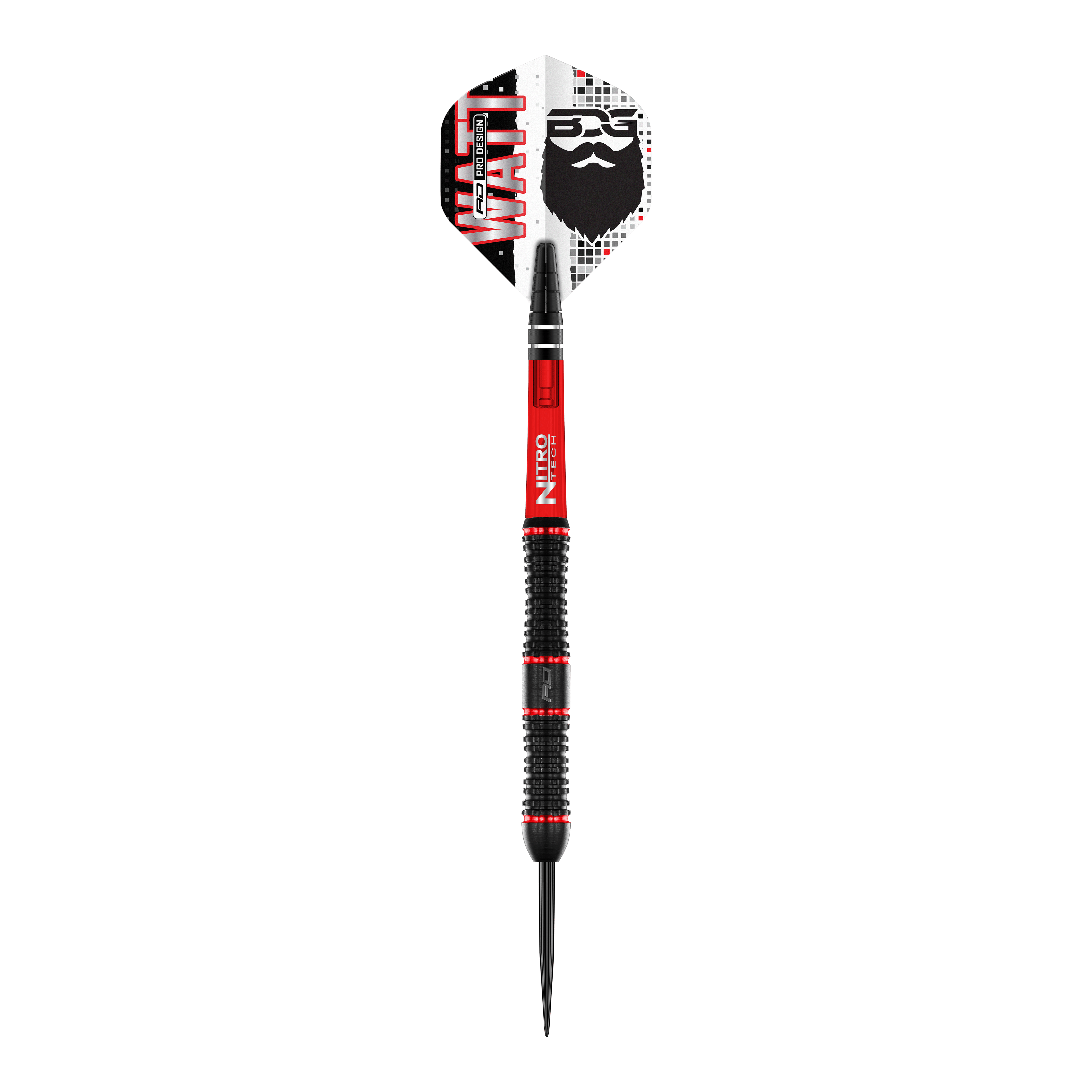 Ocelové šipky Red Dragon Jason Watt - 22g Das Bild zeigt den "Red Dragon Jason Watt Steeldart - 22g". Der Dartpfeil hat ein auffälliges Design in Schwarz, Rot und Weiß mit dem Namen „Watt“ und einem Bartmotiv auf der Flights.