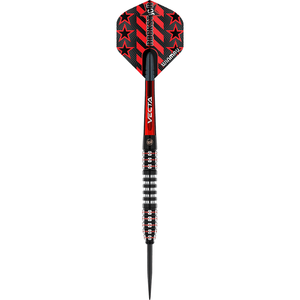 1483_Winmau_Joe_Cullen_Ignition_Series_Steeldarts_11w1LxS27IDqWq Das Bild zeigt einen modernen Steeldartpfeil mit schwarzer und roter Farbgebung. Auf dem Flight sind rote Sterne und der Schriftzug "Rockstar" zu sehen.