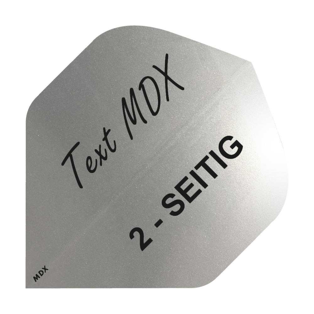 10 sad potištěných kovových letek, oboustranných - vlastní text - standard MDX Das Bild zeigt ein silbernes Dart-Flight mit schwarzem Aufdruck. Darauf steht "Text MDX" und "2-SEITIG".