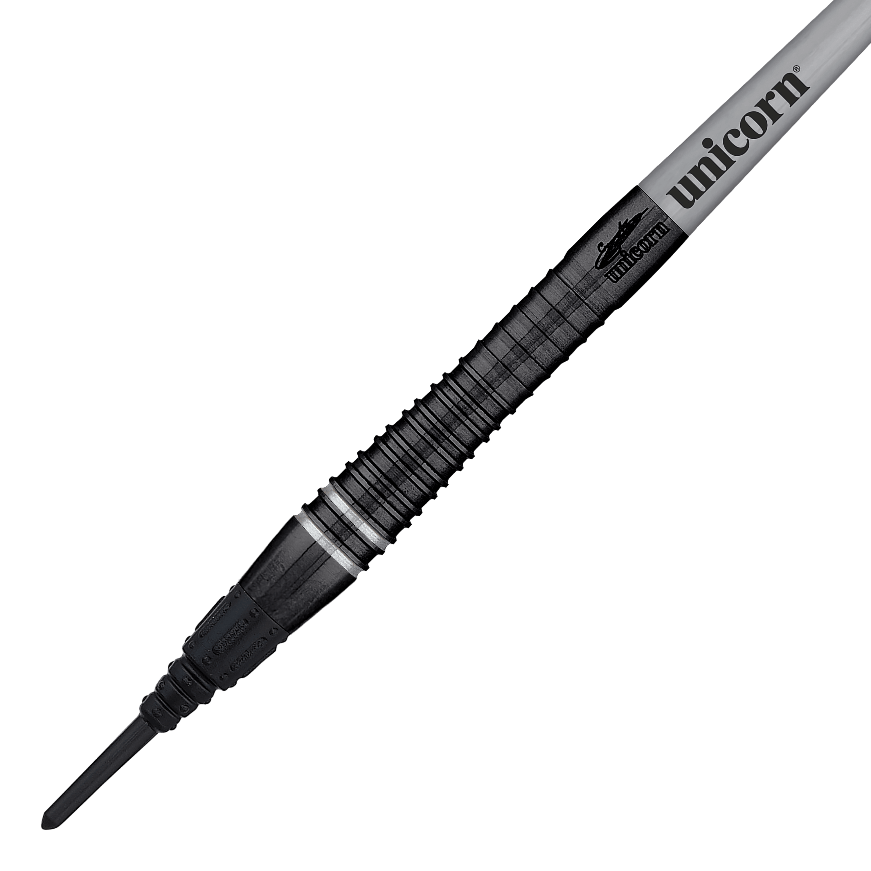 Šipky Unicorn World Champion Gary Anderson Noir Phase 6 Soft Das Bild zeigt einen Unicorn World Champion Gary Anderson Noir Phase 6 Softdart. Der Dart hat ein elegantes, schwarzes Design mit dem Aufdruck "unicorn" auf dem Schaft.