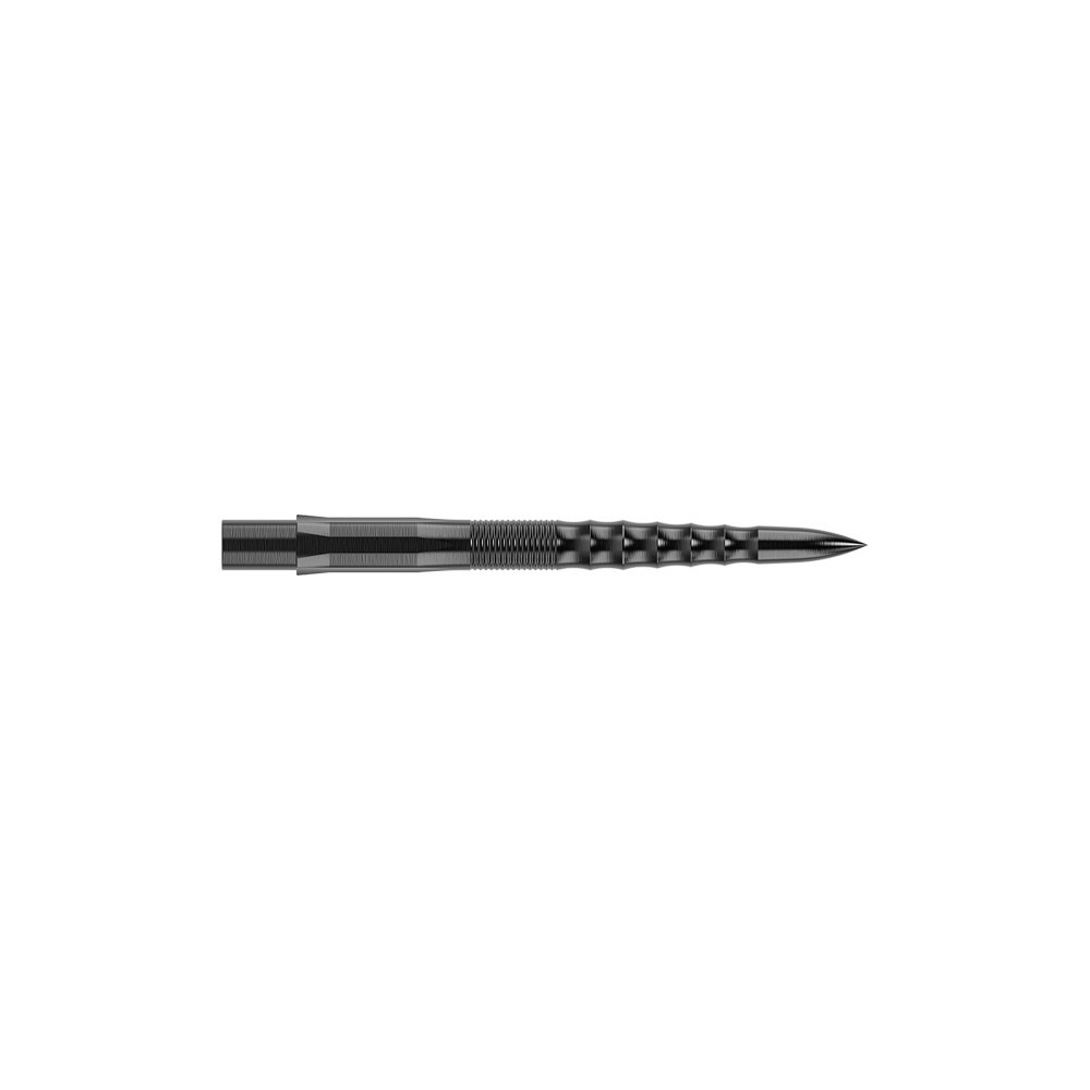 Špičky na šipky Mission Caliburn EVO - Ripple - černé Das Bild zeigt eine schwarze Steeldartspitze mit einer gerippten Oberflächenstruktur. Die Spitze ist gerade und hat eine Länge von 26 mm.