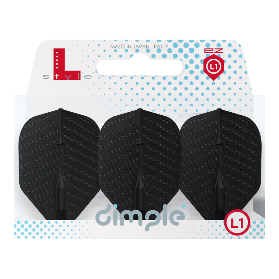 Letky ve stylu L Dimple Champagne L1EZ Standard Auf dem Bild sind drei schwarze Dart-Flights in einer Verpackung zu sehen. Die Verpackung trägt die Aufschrift "dimple" und "L1" und ist von der Marke L-Style.
