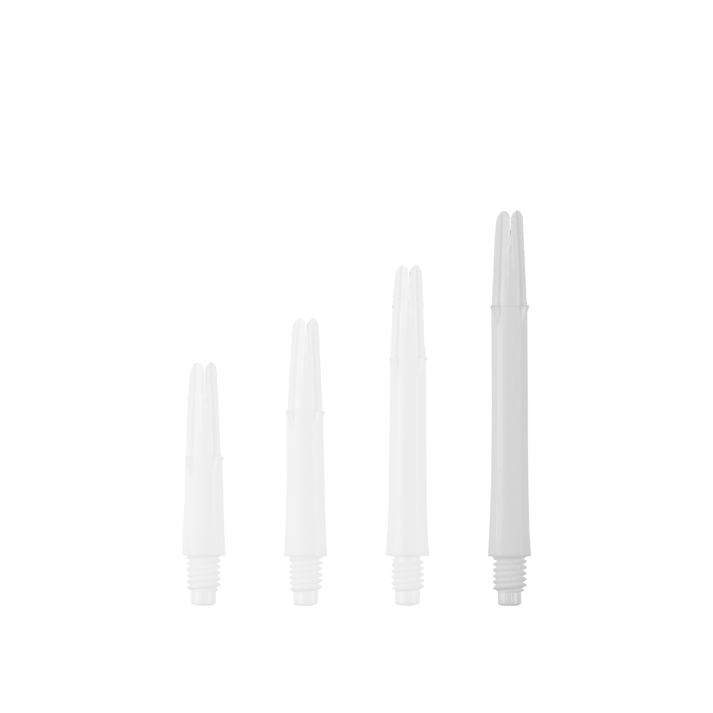 L-L-Style-Shafts Locked Straight - White Das Bild zeigt vier weiße, gerade Dartshafts in unterschiedlichen Längen. Sie sind ohne Kappen und stehen nebeneinander aufgereiht.