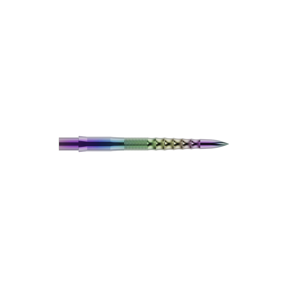 Špičky na šipky Mission Caliburn EVO - Ripple - Coral Auf dem Bild ist eine bunte Steeldartspitze mit wellenförmigem Design zu sehen. Sie hat eine glänzende Oberfläche mit Farbverlauf und ist wahrscheinlich aus Metall gefertigt.