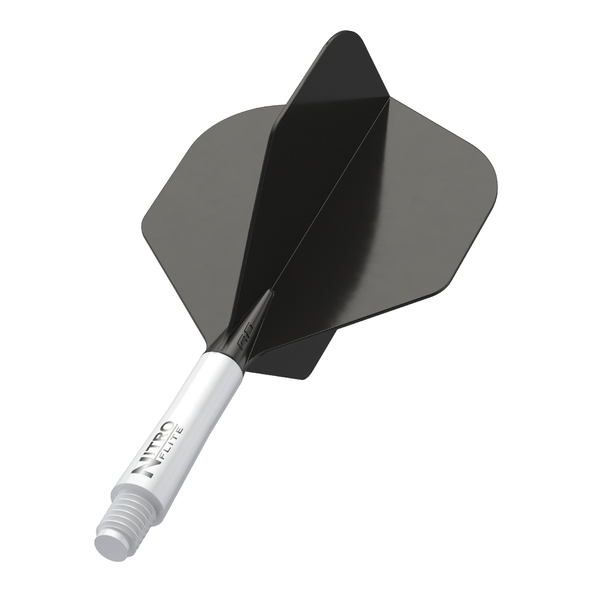 Red Dragon Nitroplte - White Shaft Black No2 Flights Das Bild zeigt einen schwarzen Dart-Flügel mit einem weißen Schaft. Auf dem Schaft steht der Text "NITRO FLITE".