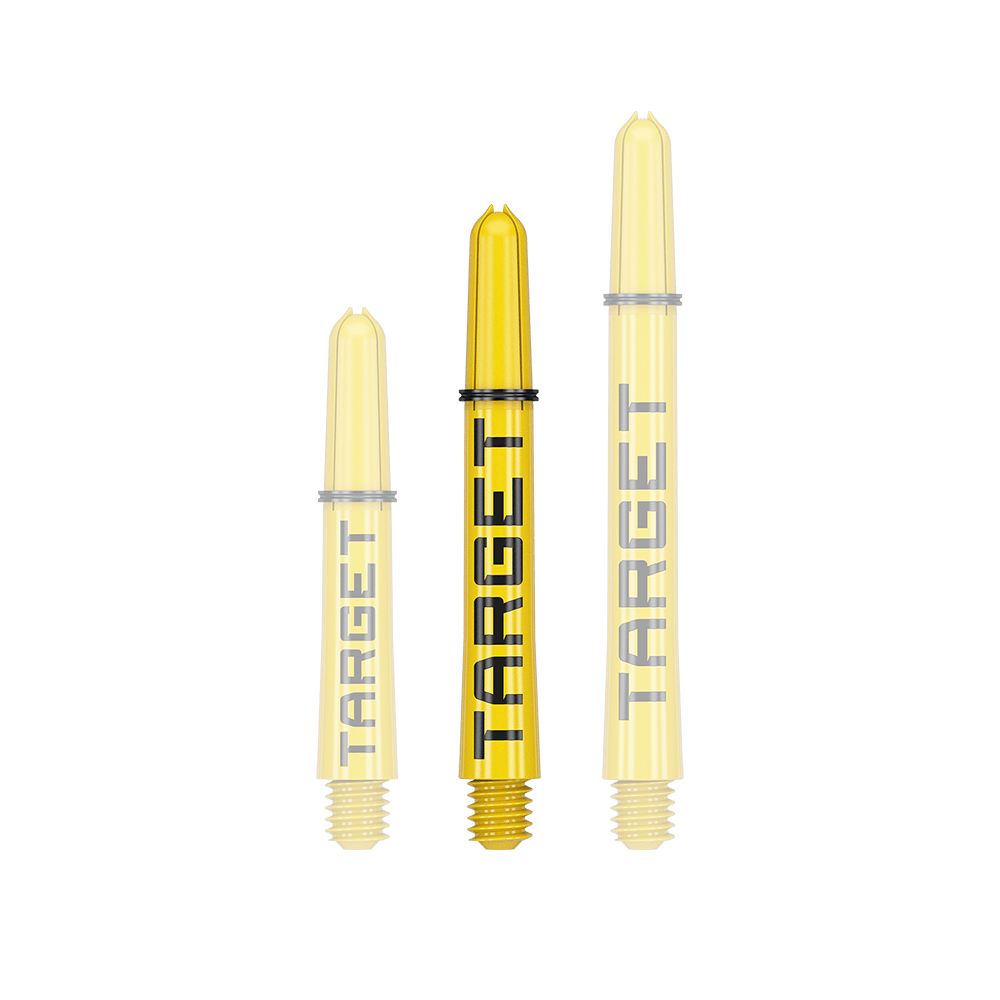 Násadky Target Pro Grip TAG - 3 sady - žluté Das Bild zeigt drei gelbe Dartschäfte in verschiedenen Längen. Auf jedem Schaft steht das Wort "TARGET" in schwarzer Schrift.
