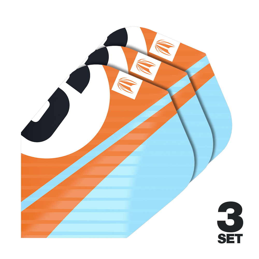 Lety Target Pro Ultra Chicane Orange Ten-X – 3 sady Das Bild zeigt drei Sätze Target Pro Ultra Chicane Orange Ten-X Flights. Die Flights sind orange und hellblau mit einem auffälligen Design.