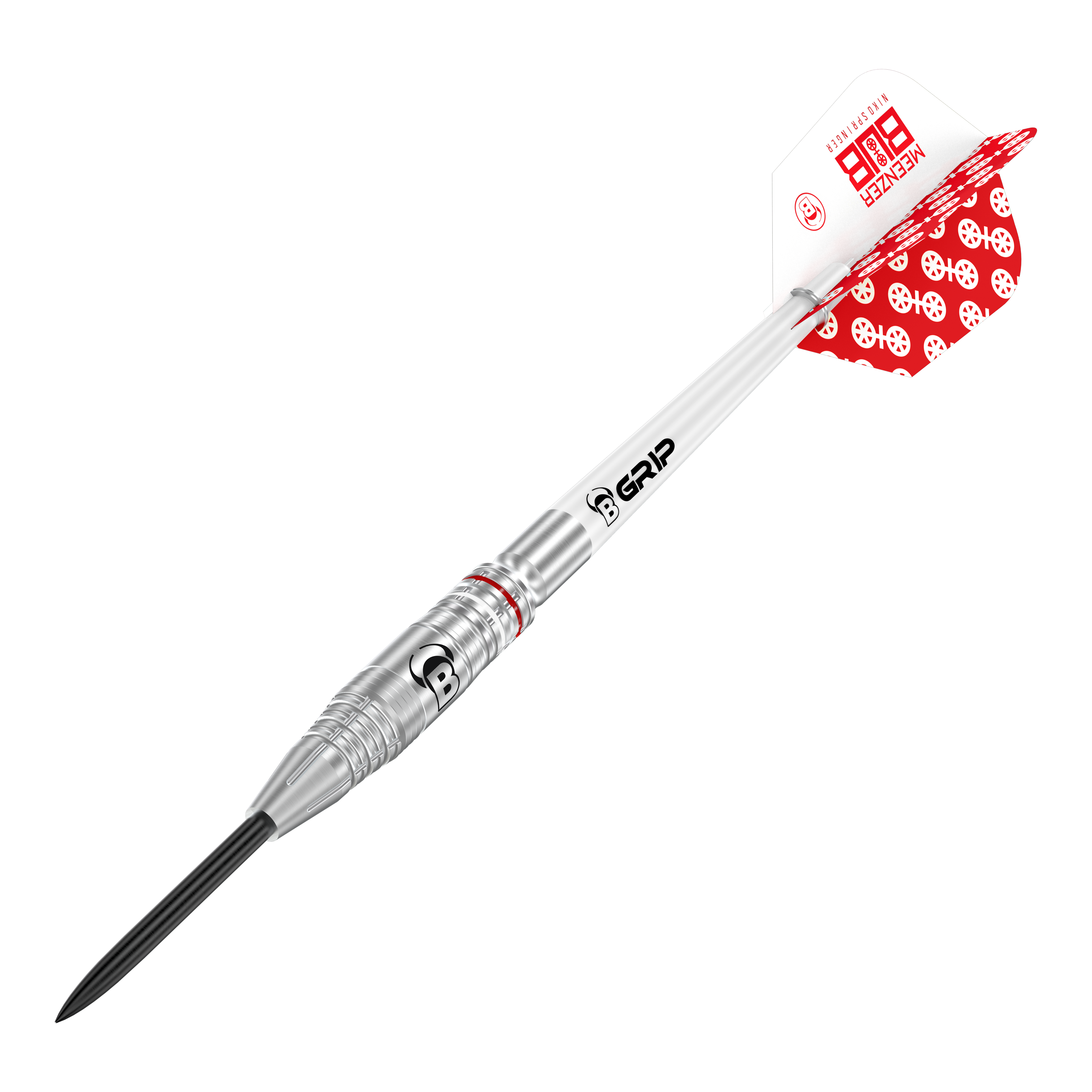 Ocelové šipky Bulls Niko Springer Das Bild zeigt einen Bulls Niko Springer Steeldart. Der Dartpfeil ist silberfarben und hat rote und weiße Flights mit Muster.