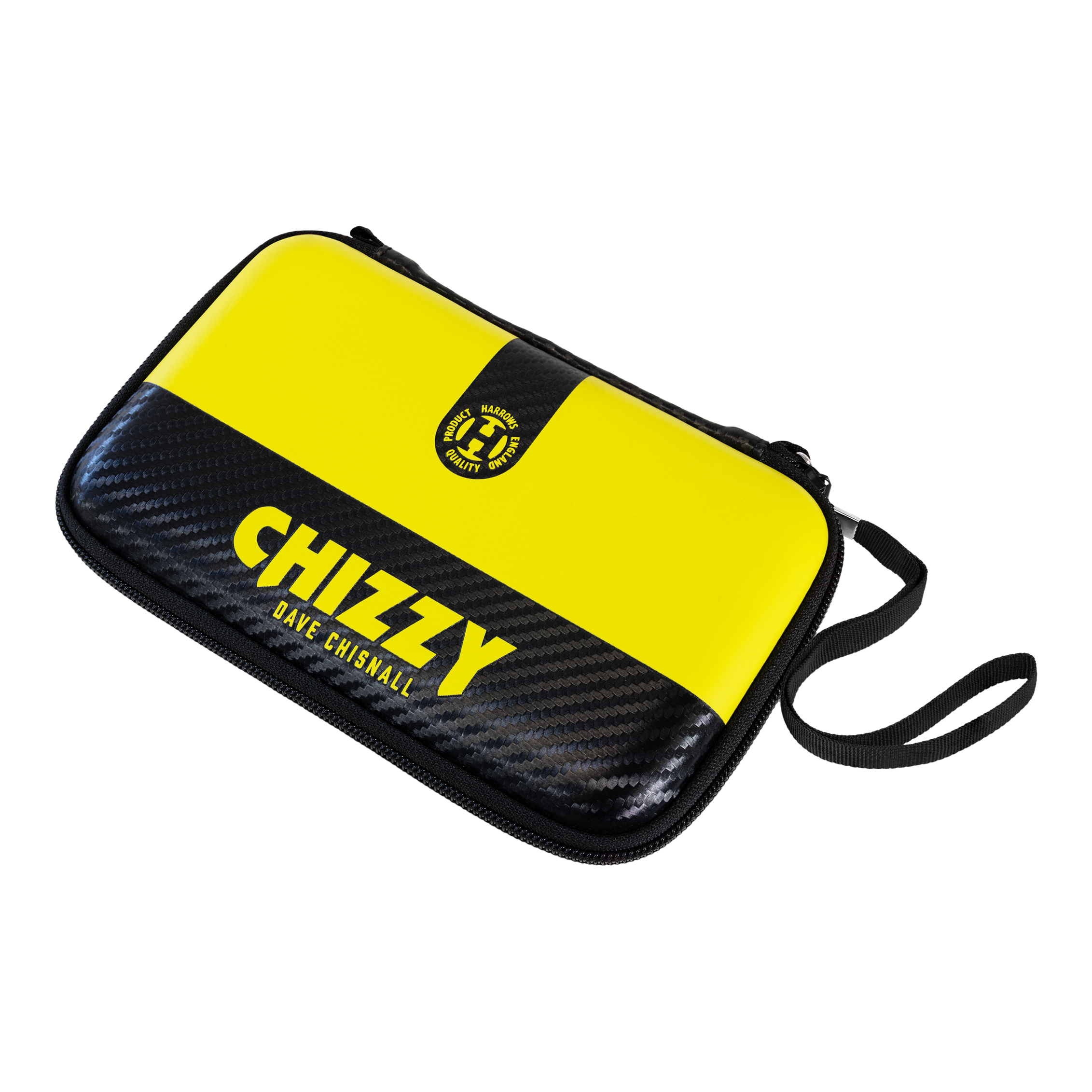 Peněženka Harrows Pro6 Dave Chisnall Chizzy Dart Das Bild zeigt ein Dartwallet mit der Aufschrift "CHIZZY DAVE CHISNALL" in Gelb und Schwarz. Es handelt sich um das Harrows Pro6 Dave Chisnall Chizzy Dartwallet.