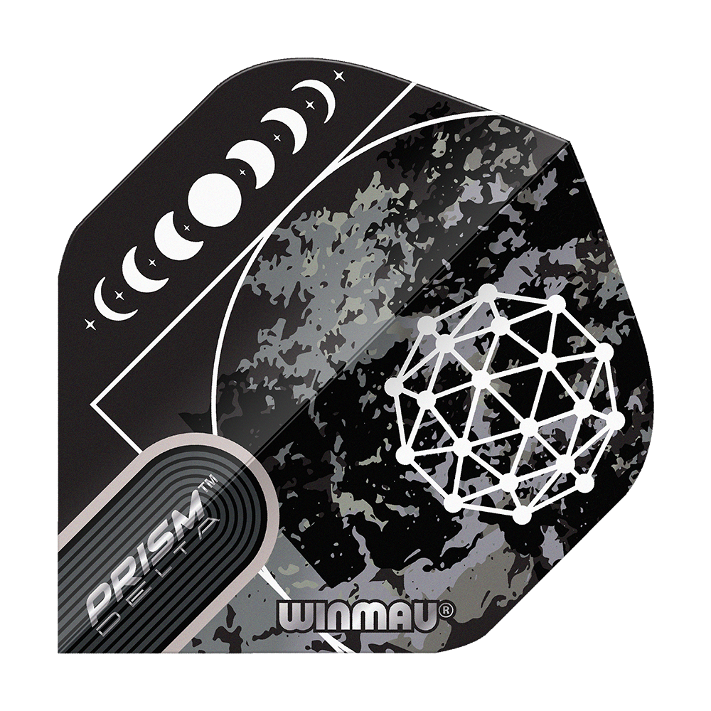 Das Bild zeigt das Produkt "Winmau Prism Delta Callisto No2 Standard Flights". Es hat ein schwarzes Design mit Mondphasen und geometrischem Muster.