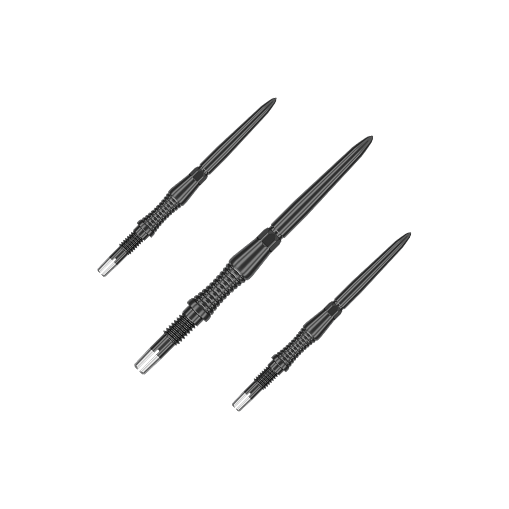 Špičky na šipky Target Swiss Point Signature RST - černé Das Bild zeigt schwarze Dartspitzen mit RST-Design, 30mm, von Target Swiss Point. Die Aufnahme präsentiert die Spitzen als Set.