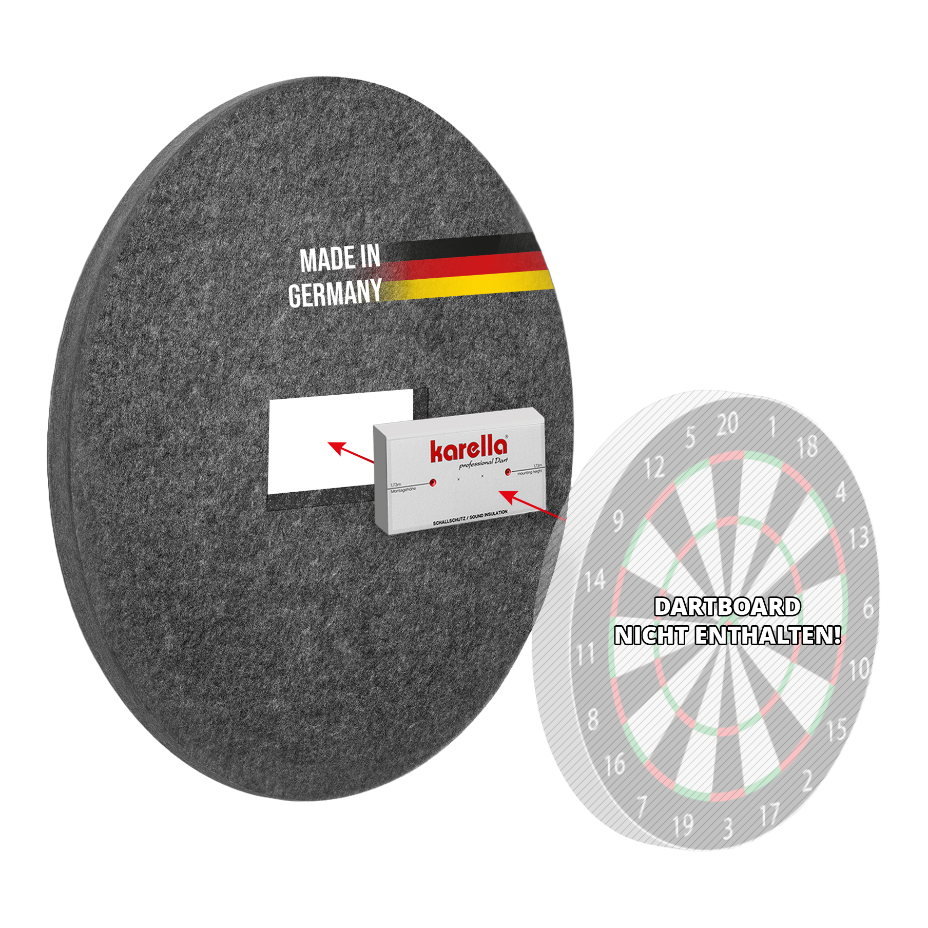 Zvuková izolace Karella pro ocelové terče s integrovaným obrubníkem Dieses Bild zeigt den Schallschutz Karella für Steeldartboards mit integriertem Surround Auffangring. Das Produkt dient zur Geräuschdämmung beim Dartspielen.