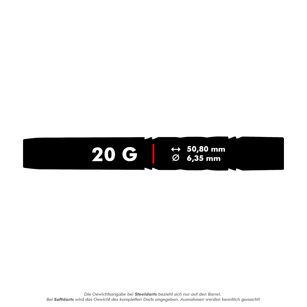 RD2542_Red_Dragon_Gerwyn_Price_Avalanche_Pro_Softdarts_5_20g Das Bild zeigt die Produktinformation für die Red Dragon Gerwyn Price Avalanche Pro Softdarts mit einem Gewicht von 20 g. Die Maße des Darts sind 50,80 mm Länge und 6,35 mm Durchmesser.