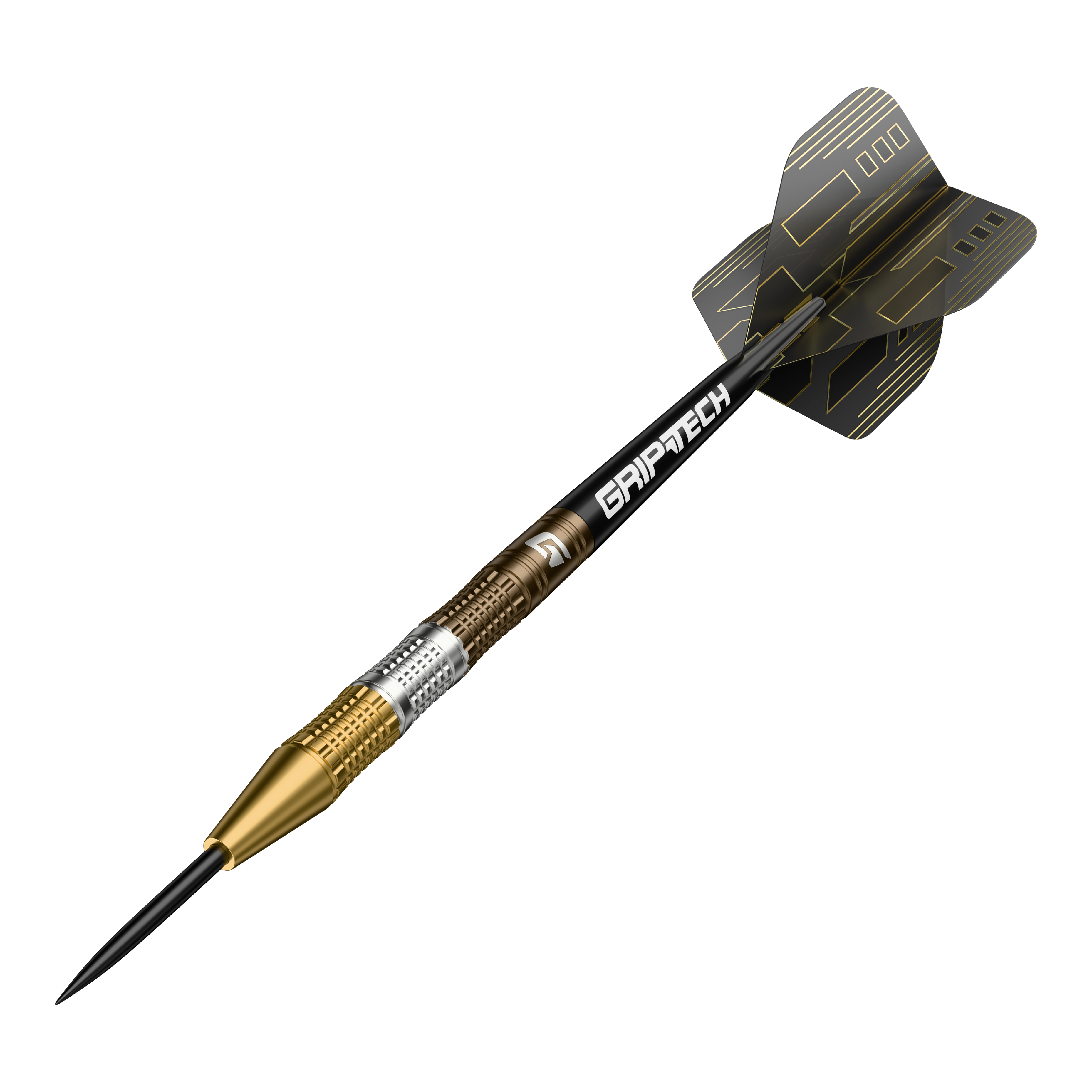 Šipky GOAT Ceremony z wolframové oceli Der GOAT Ceremony Tungsten Steeldart ist ein hochwertiger Dartpfeil mit goldenen und silbernen Elementen. Auf dem Schaft steht das Wort "GRIPTECH" und die Flights sind schwarz mit goldenen Linien gestaltet.