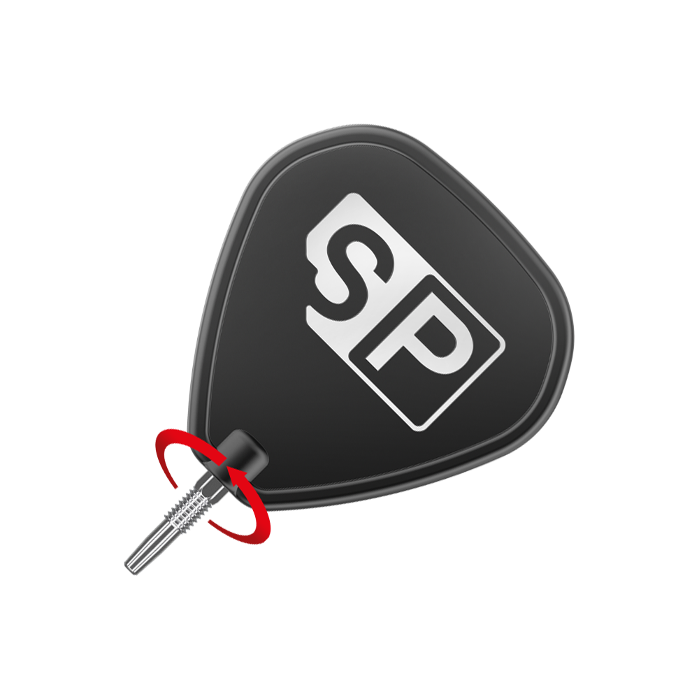 Targetové hroty Swiss Point Nano Dart - Stříbrné Das Bild zeigt eine schwarze Dartflightscheibe mit den weißen Buchstaben "SP" darauf. Unten ist eine silberne Dartspitze zu sehen, um die ein roter Pfeil eine Drehbewegung anzeigt.