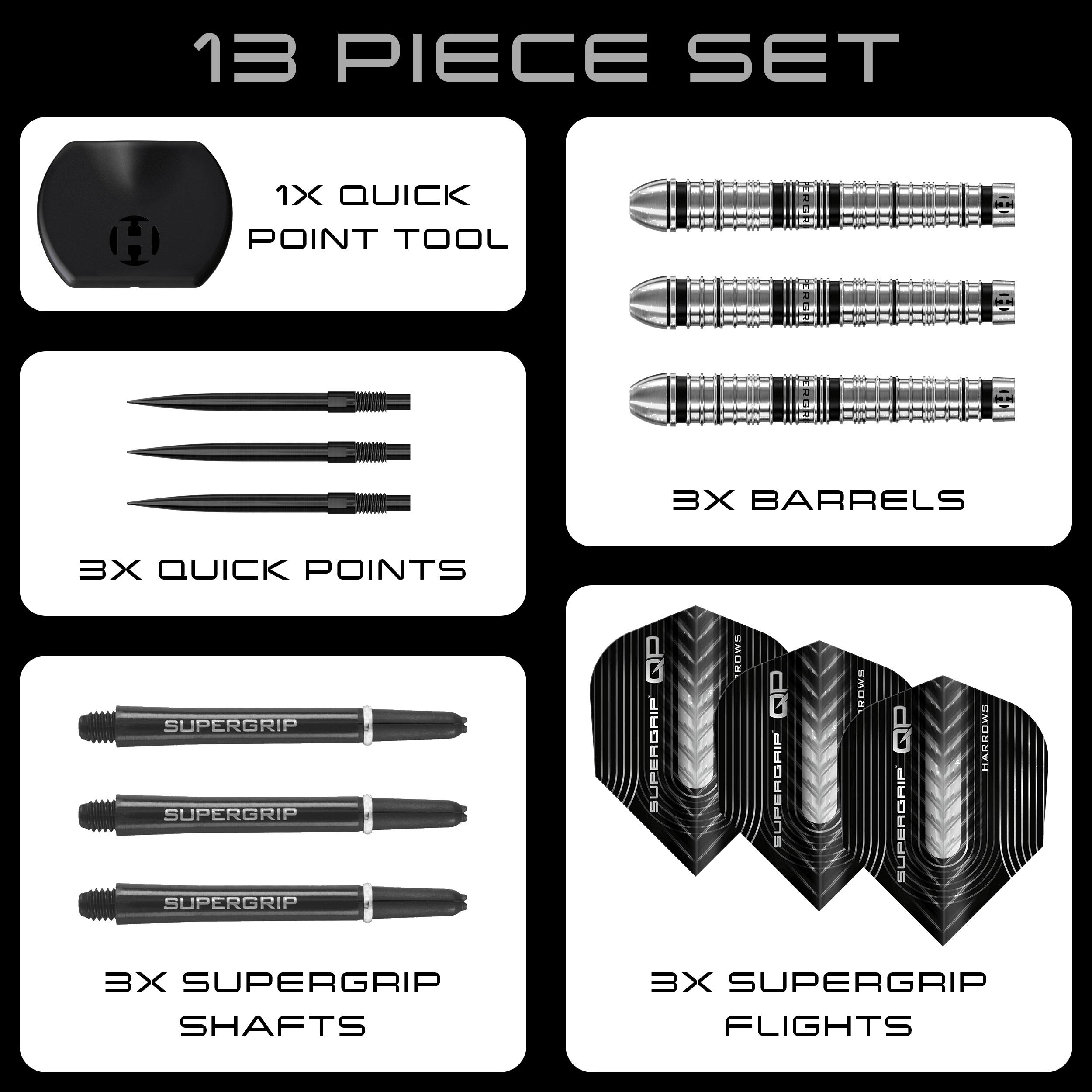 Harrows Supergrip Tapered Quick Point ocelové šipky Zu sehen sind die Harrows Supergrip QP Tapered Quick Point Steeldarts. Diese Darts bieten eine hochwertige Verarbeitung für optimale Spieleigenschaften.