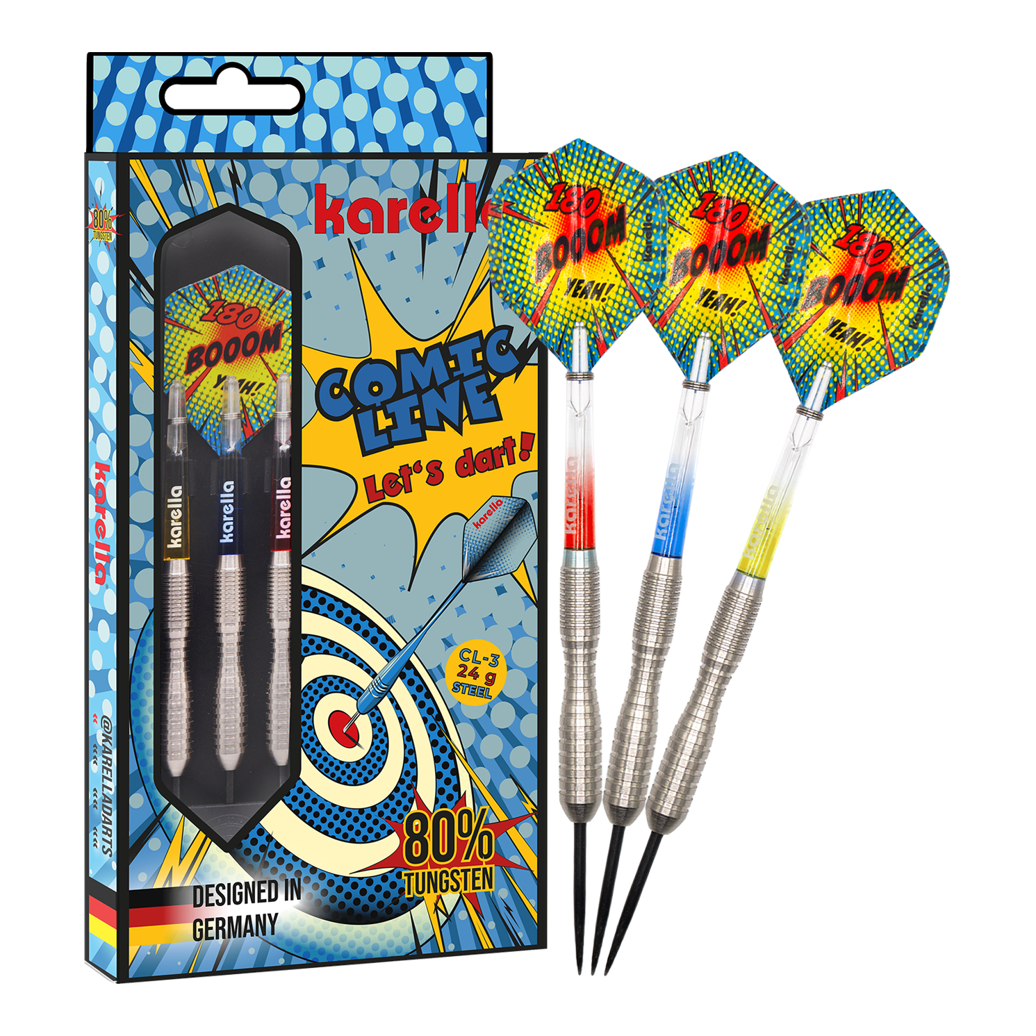 Ocelové šipky Karella Comic Line CL-3 - 24g Das Bild zeigt das Produkt Karella Comic Line CL-3 Steeldarts - 24g in voller Länge. Die Steeldarts sind klar zu erkennen.