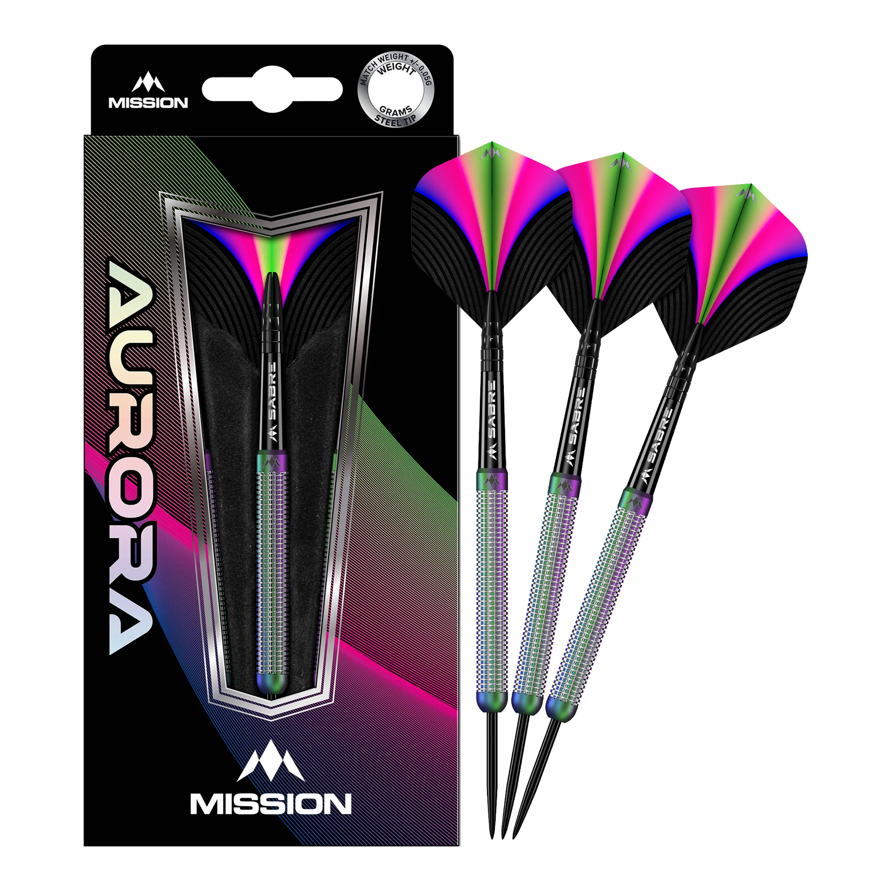 Ocelové šipky Mission Aurora Coral PVD - 23g Das Bild zeigt eine Packung mit Mission Aurora Coral PVD Steeldarts in 23g. Die Darts haben ein auffälliges, buntes Design mit schwarzen, grünen, pinken und blauen Akzenten.