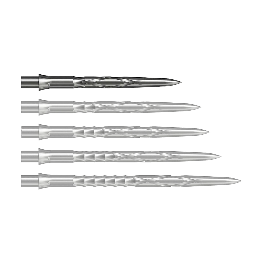 Abgebildet ist eine silberne Steeldartspitze vom Typ Caliburn Evo System HAN G2 in 28 mm Länge. Sie eignet sich für den Einsatz bei Steeldarts.