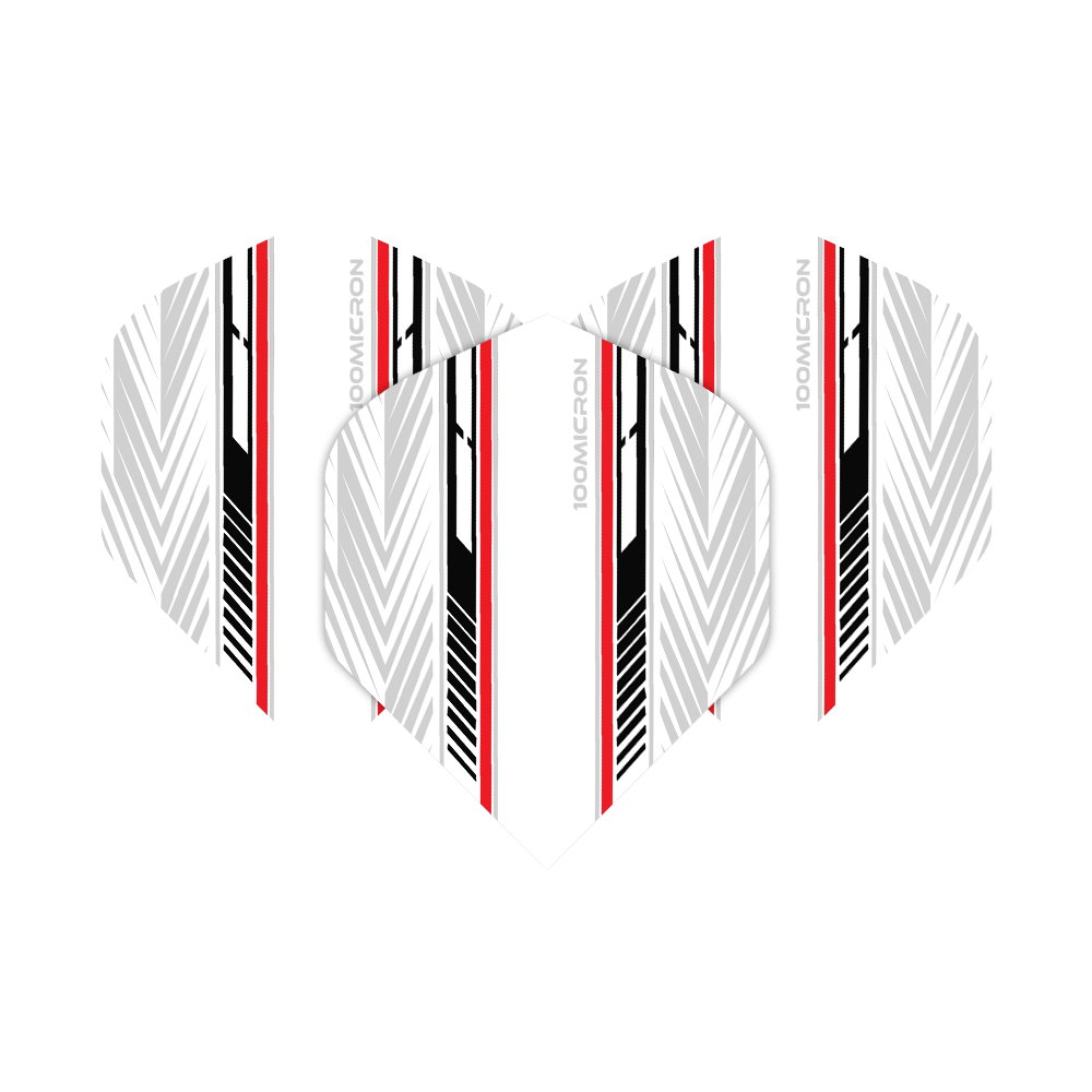 Letky pro pětiboj bílé/černé/červené Das Bild zeigt die Pentathlon White Black Red No2 Standard Flights. Die Flights haben ein weißes Grunddesign mit schwarzen und roten Streifen sowie grafischen Mustern.