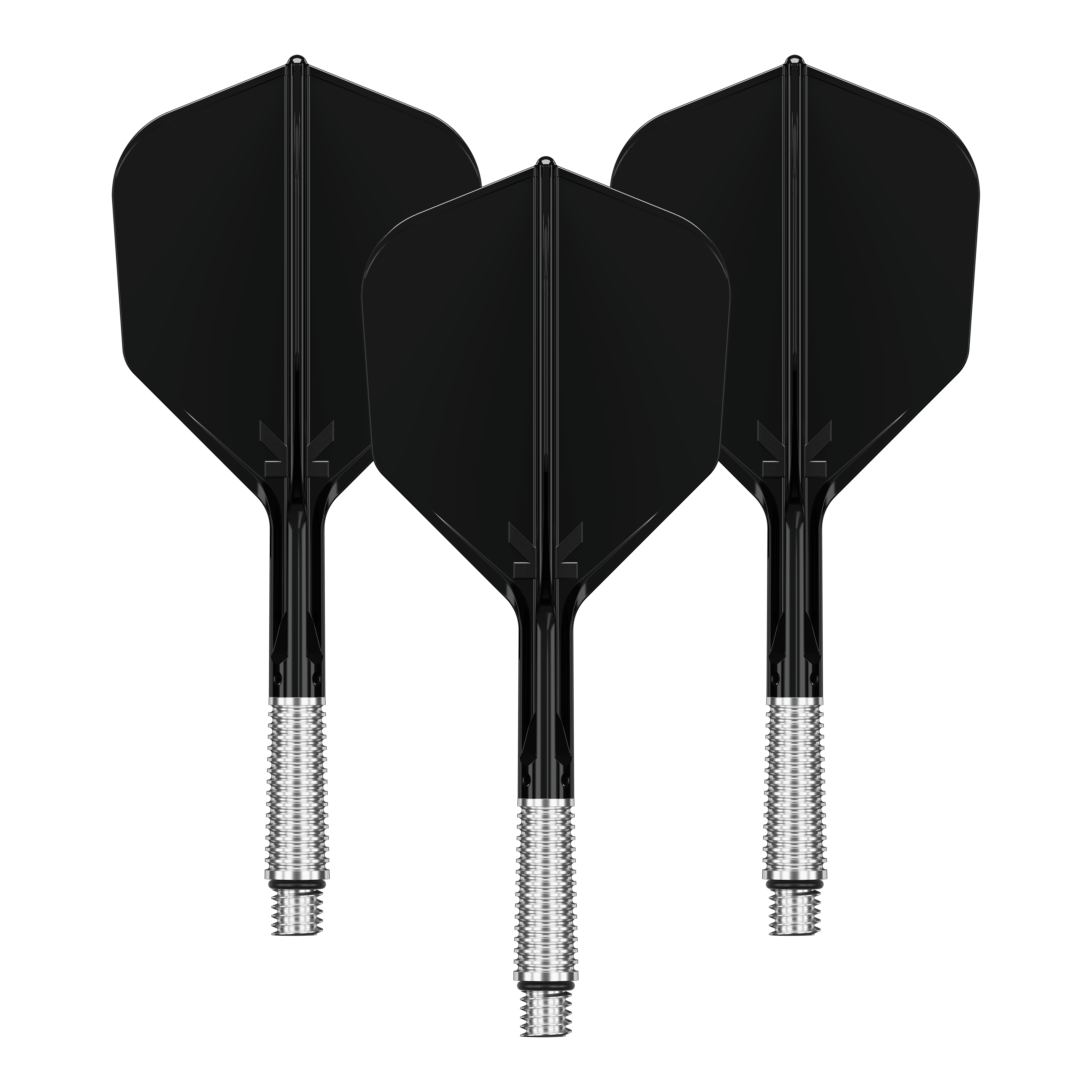 Das Bild zeigt ein Set von Dart Flights in Schwarz mit der Bezeichnung '410551 Target KShift No6 Flights Schwarz 33mm'. Die Flights sind für Dartpfeile bestimmt.