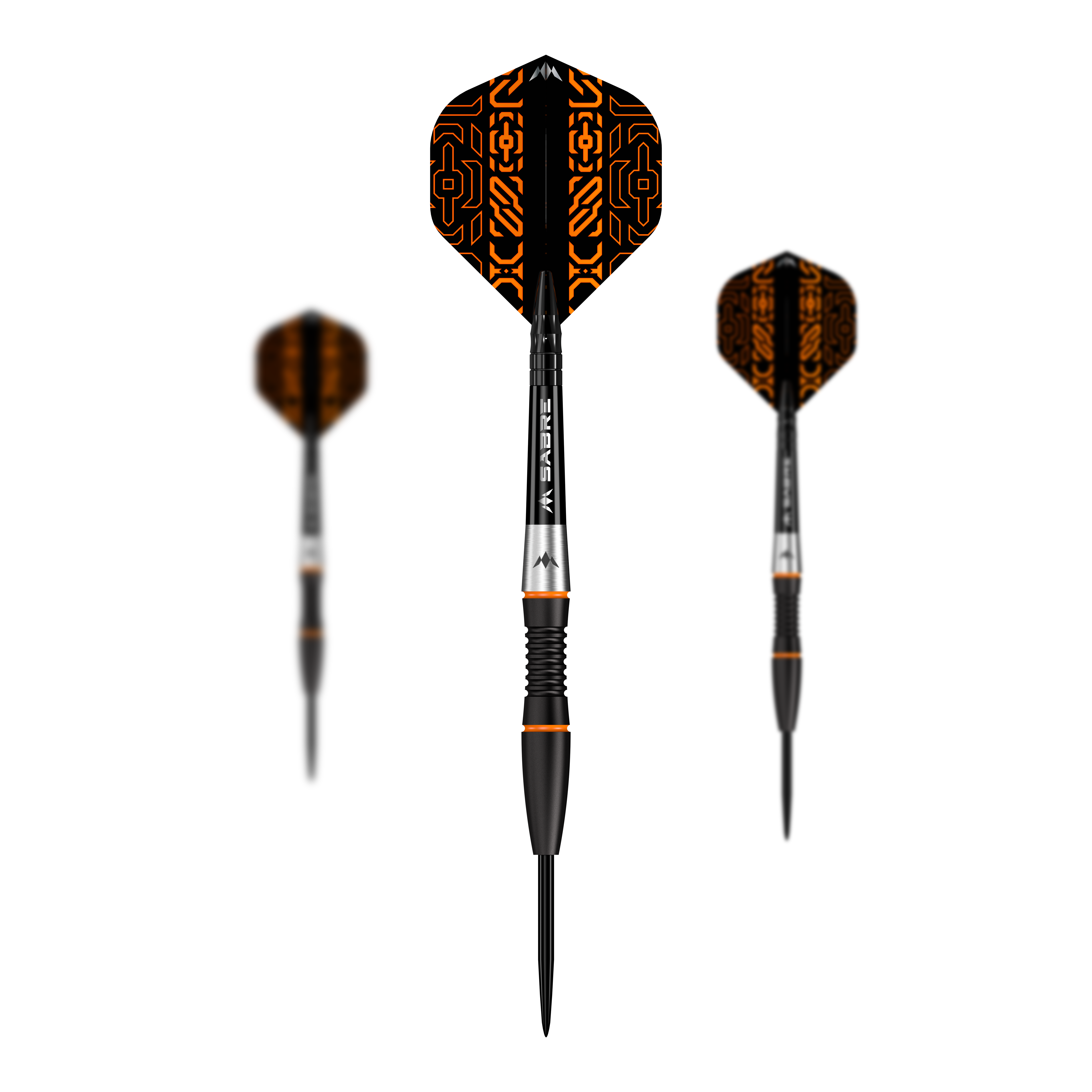 Hier sieht man Mission Horizon Black PVD Orange Steeldarts als Set. Die Darts sind in den Farben Schwarz und Orange gehalten.