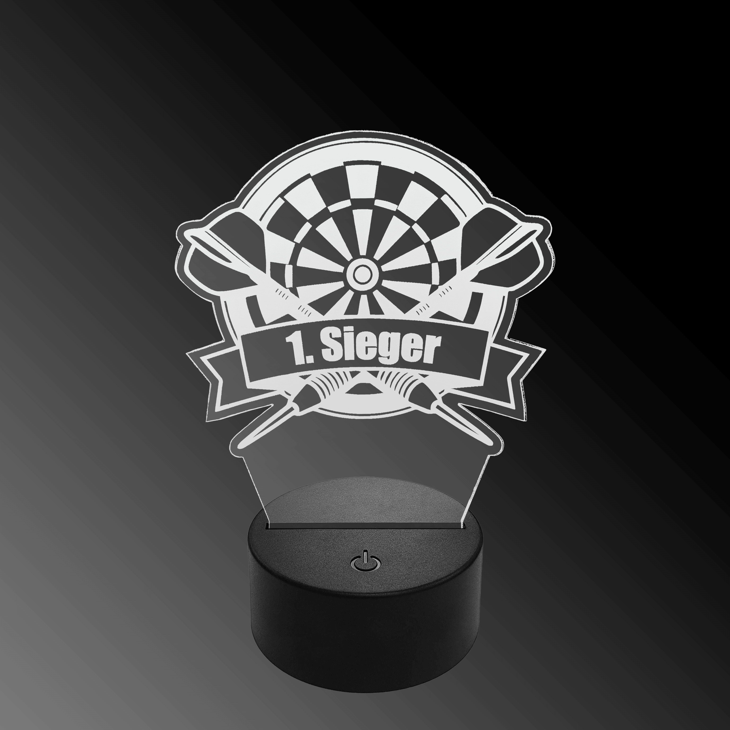 LED plexisklová šipková lampa s vlastním textem Das Bild zeigt eine LED-Lampe mit einem Plexiglasaufsatz in Form eines Dartboards und zwei gekreuzten Darts. Auf dem Schild steht "1. Sieger" geschrieben.