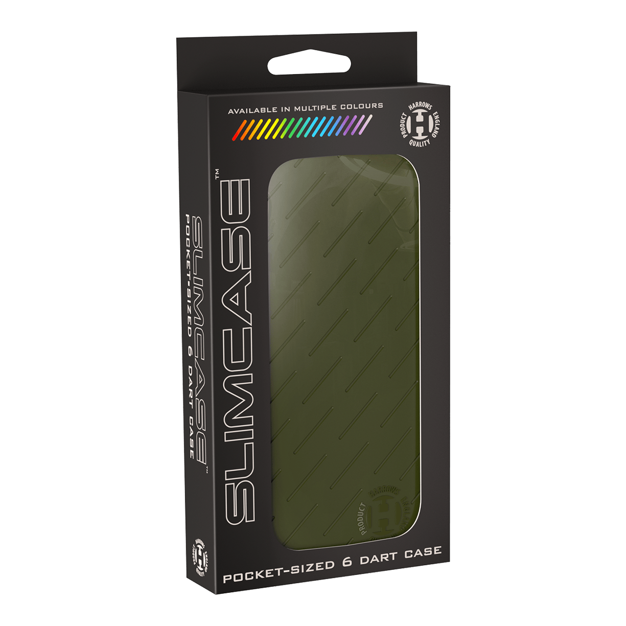 Pouzdro na šipky Harrows Slimcase Die Abbildung zeigt eine grüne Slimcase Darttasche in ihrer Verpackung. Auf der Verpackung steht "Pocket-sized 6 Dart Case" und sie ist in mehreren Farben erhältlich.