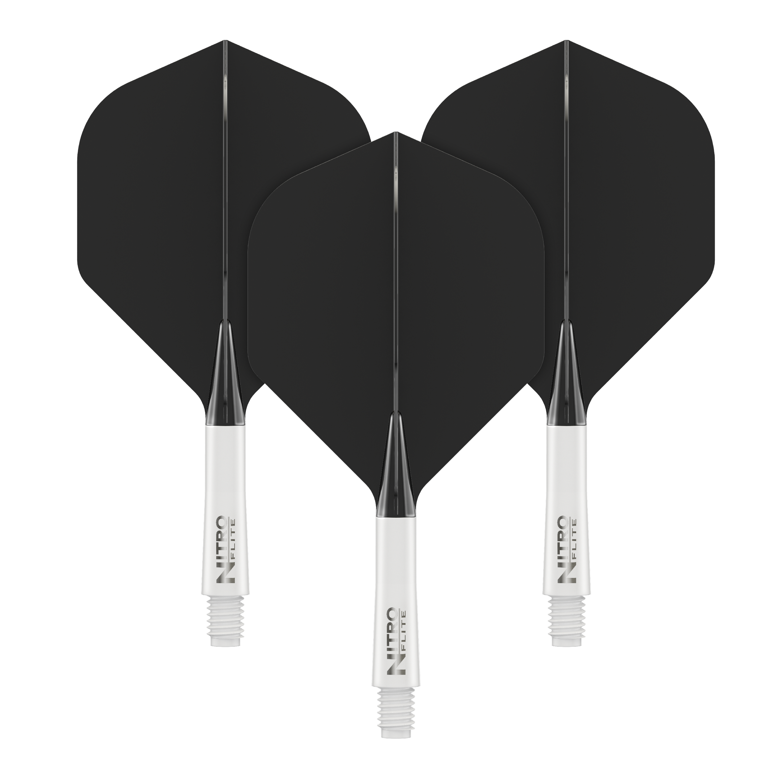 Red Dragon Nitroplte - White Shaft Black No2 Flights Auf dem Bild sind drei schwarze Dartflights mit weißen Schäften zu sehen. Auf den Schäften steht der Schriftzug „NITRO FLITE“.