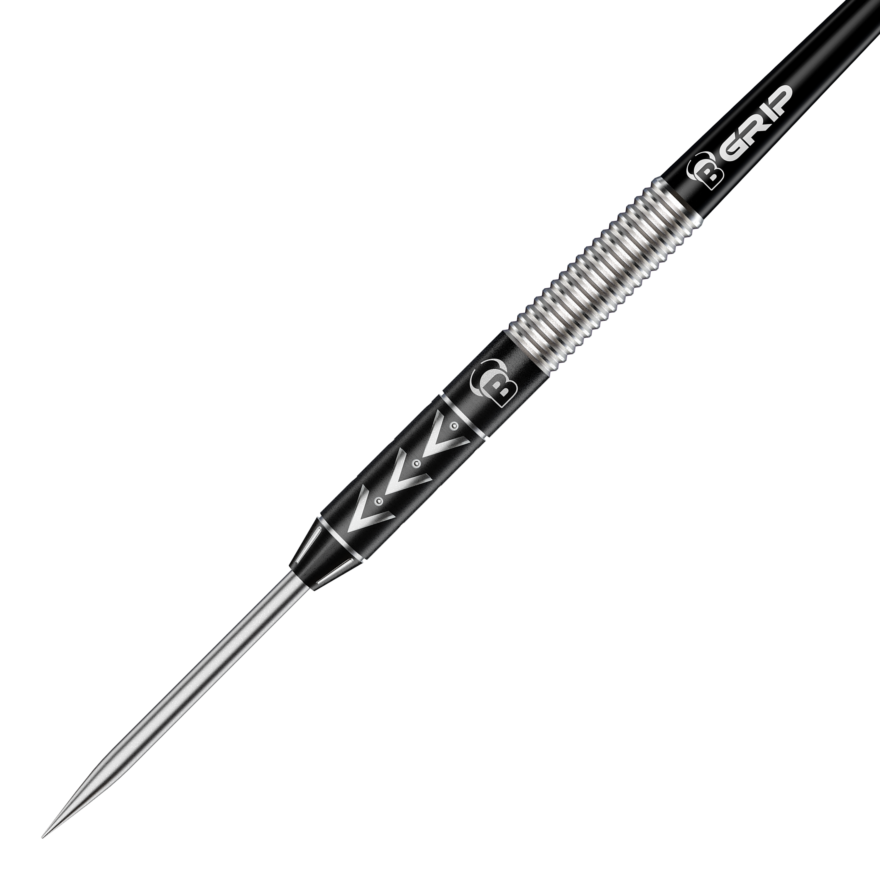 Das Bild zeigt einen Bulls Challenger Arno Merk Steeldart mit einem Gewicht von 22g. Der Dartpfeil hat ein silber-schwarzes Design mit markanten Rillen und einem spitzen Metallende.