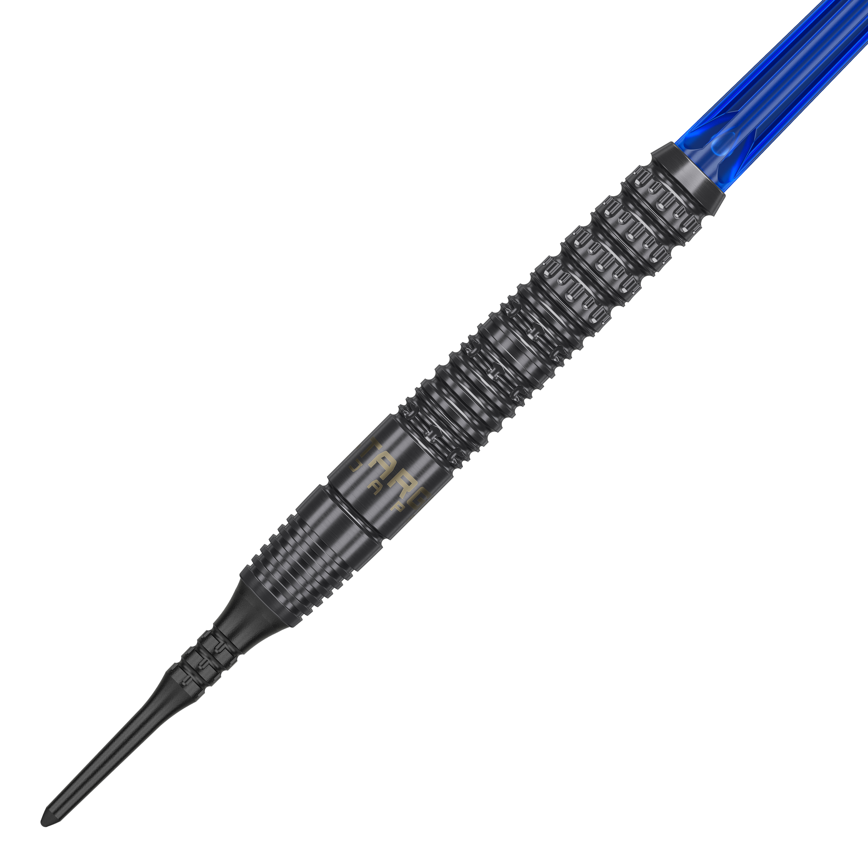 Dies ist ein Softdart namens "Target Japan Toru Suzuki Sereno GEN1 Max Softdarts - 21g". Der Dart hat ein schwarzes, strukturiertes Barrel und einen blauen Schaft.